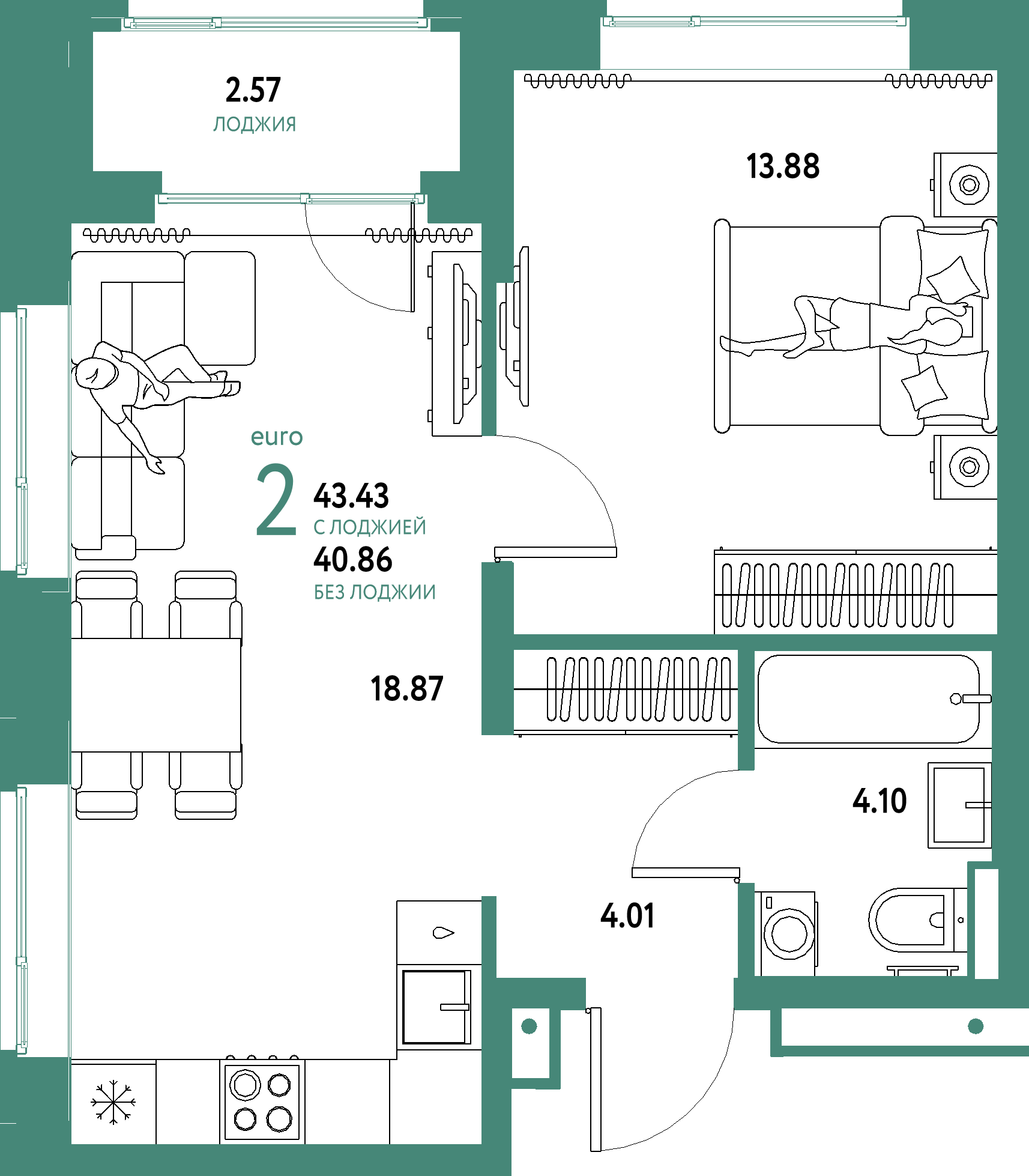 ЖК "Домашний"-2-комнатная 43.43 м²