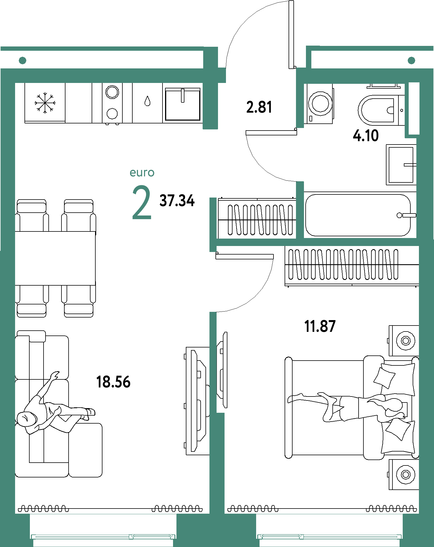 ЖК "Домашний"-2-комнатная 37.34 м²