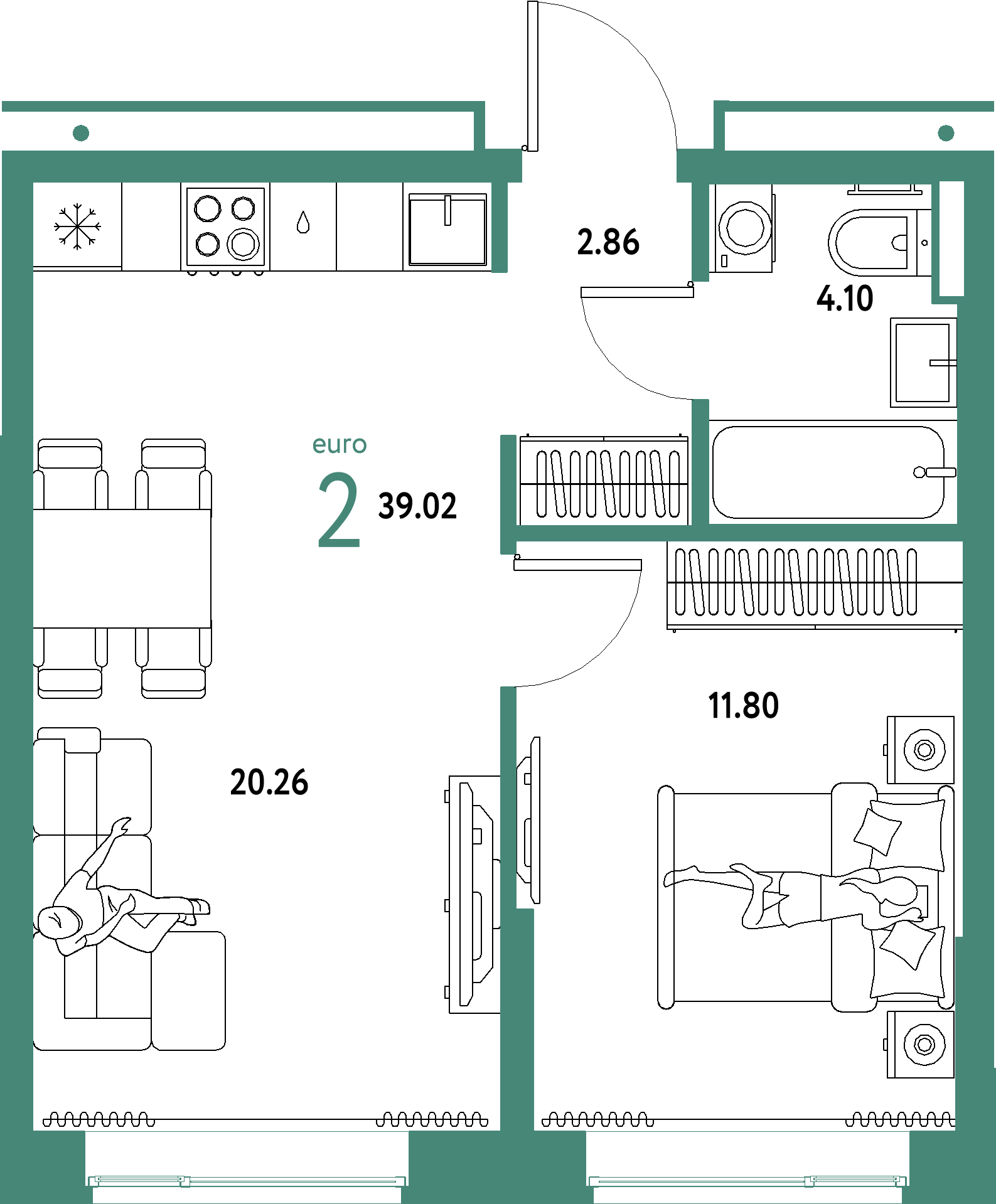 ЖК "Домашний"-2-комнатная 39.02 м²