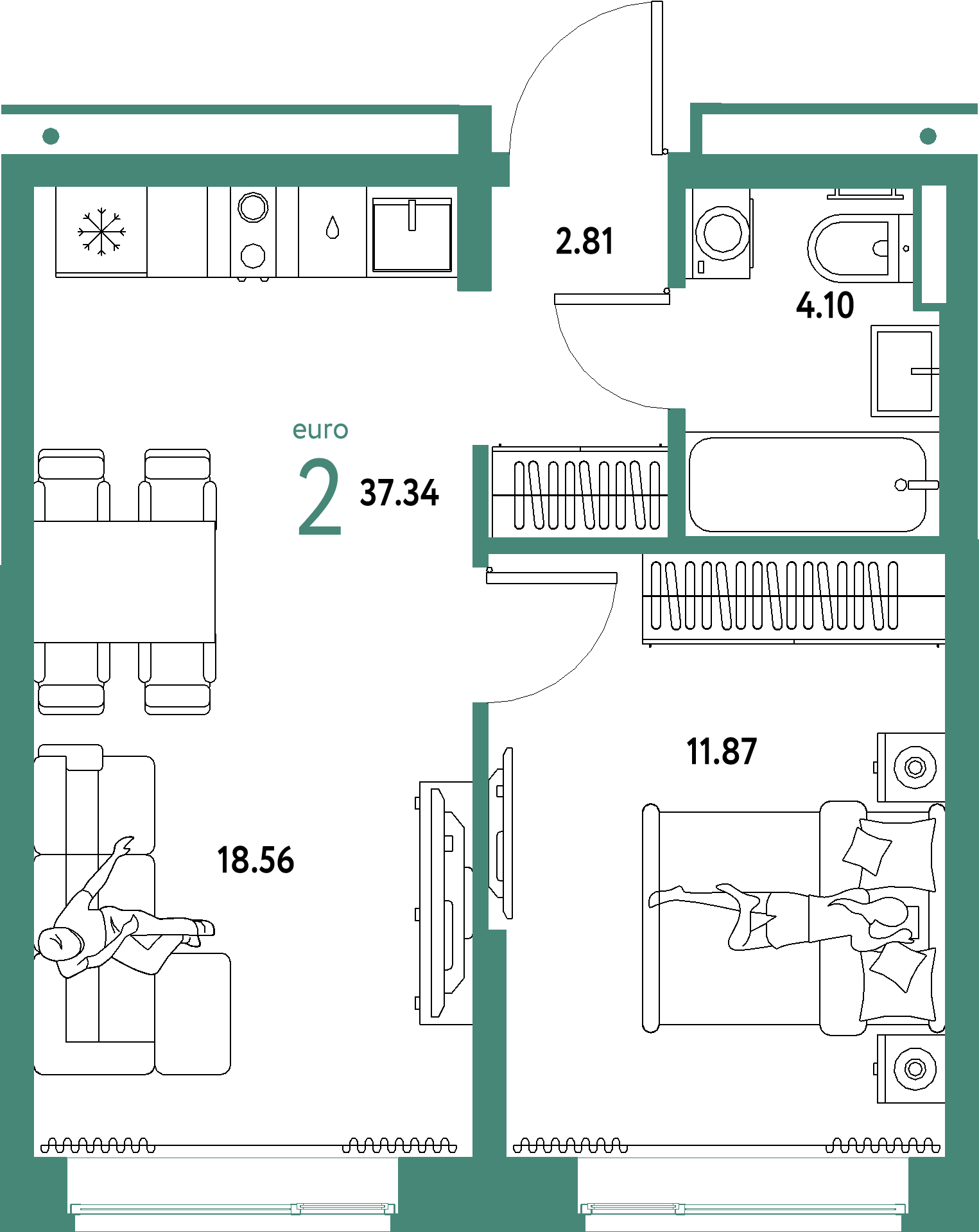 ЖК "Домашний"-2-комнатная 37.34 м²