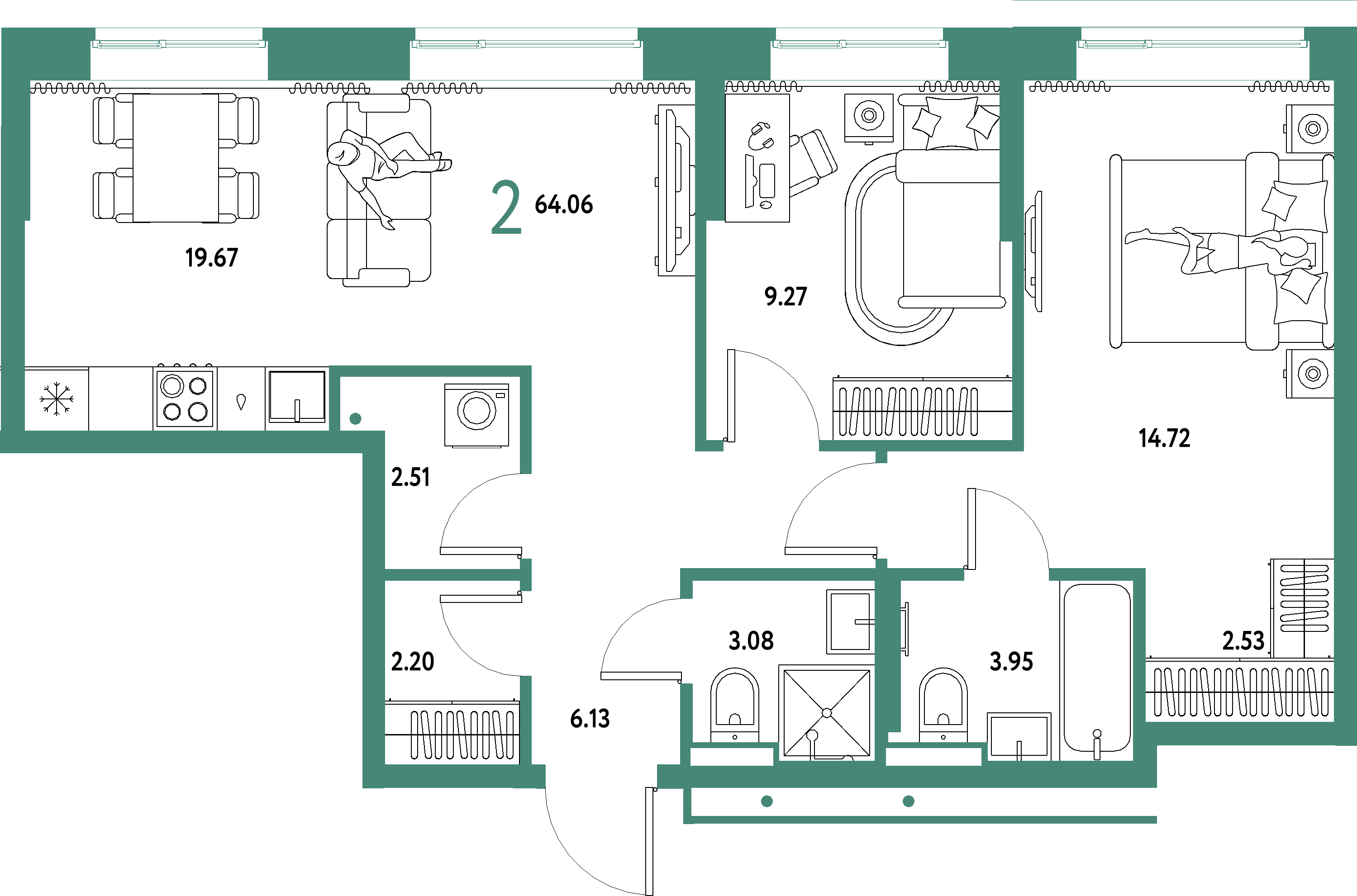ЖК "Домашний"-3-комнатная 64.06 м²