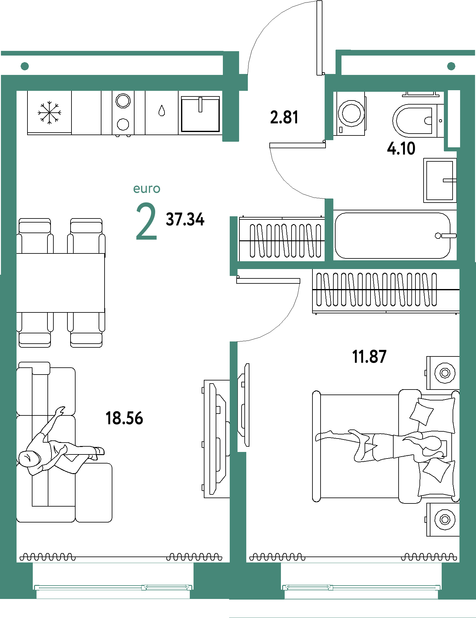 ЖК "Домашний"-2-комнатная 37.34 м²