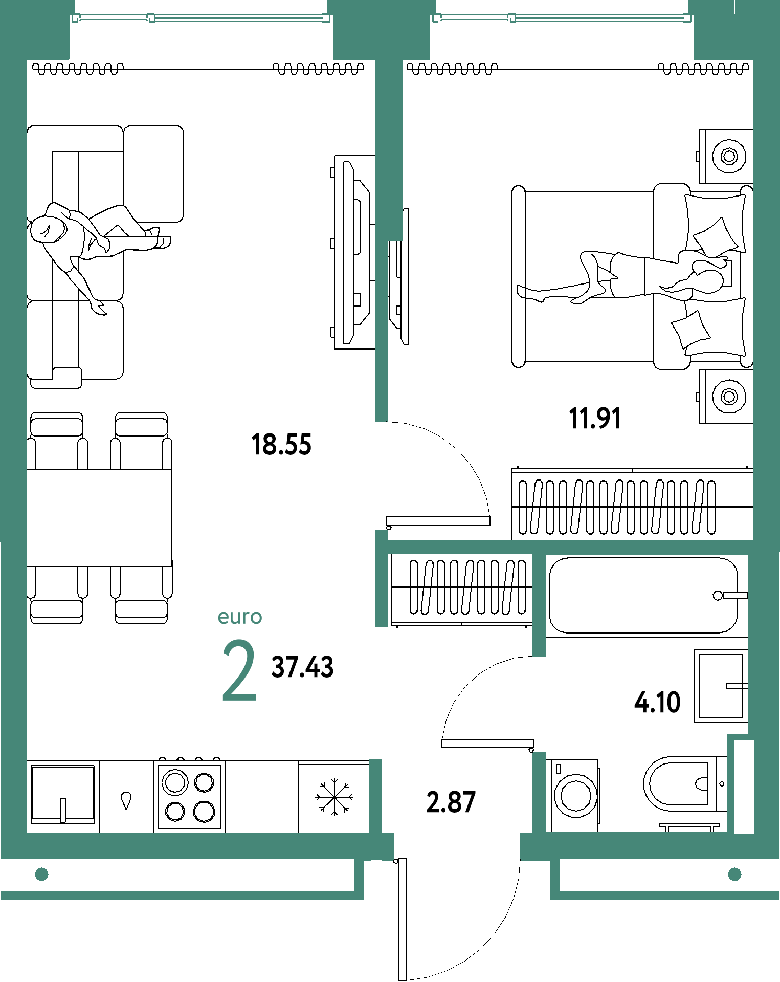 ЖК "Домашний"-2-комнатная 37.43 м²