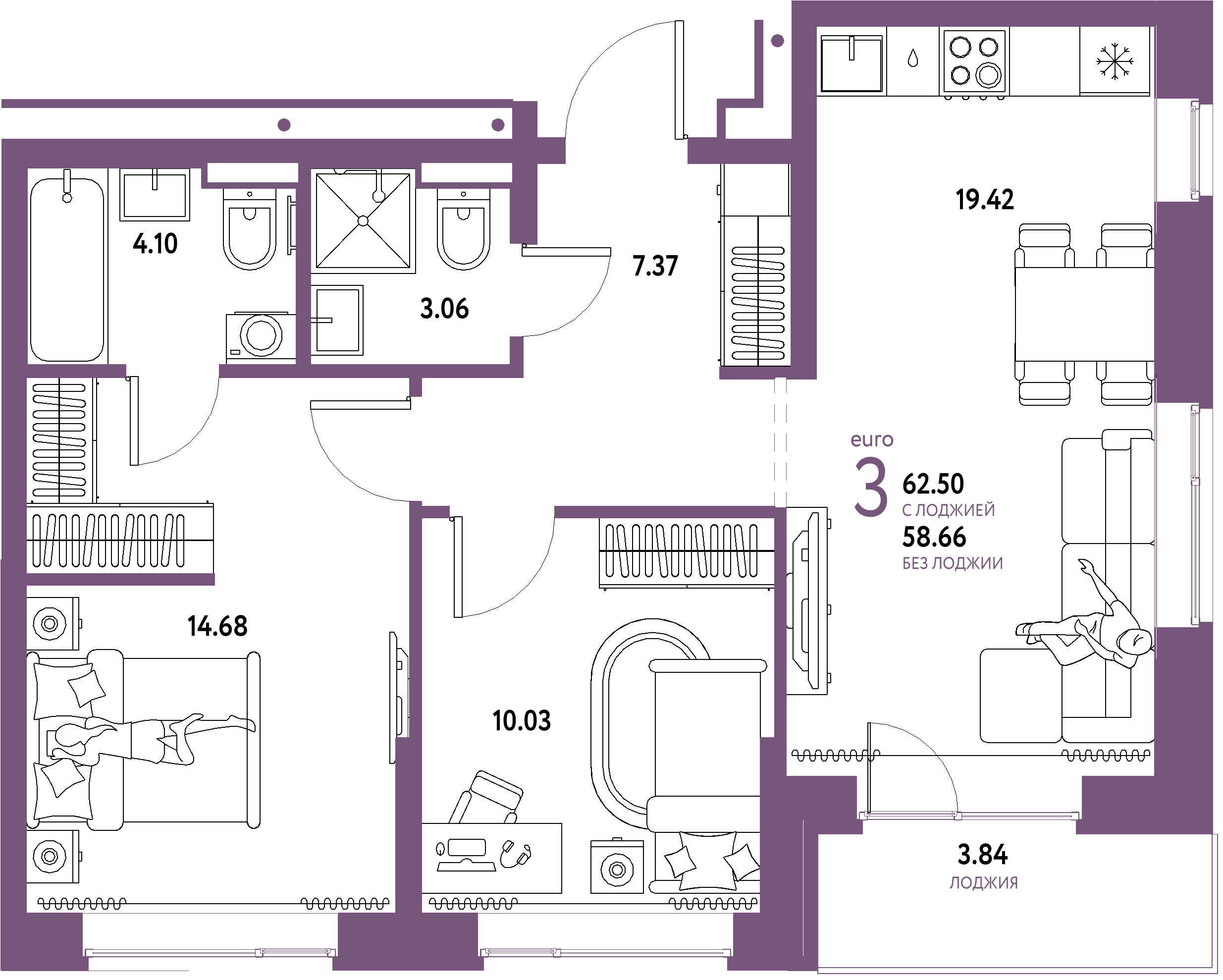 ЖК "Домашний"-3-комнатная 62.5 м²
