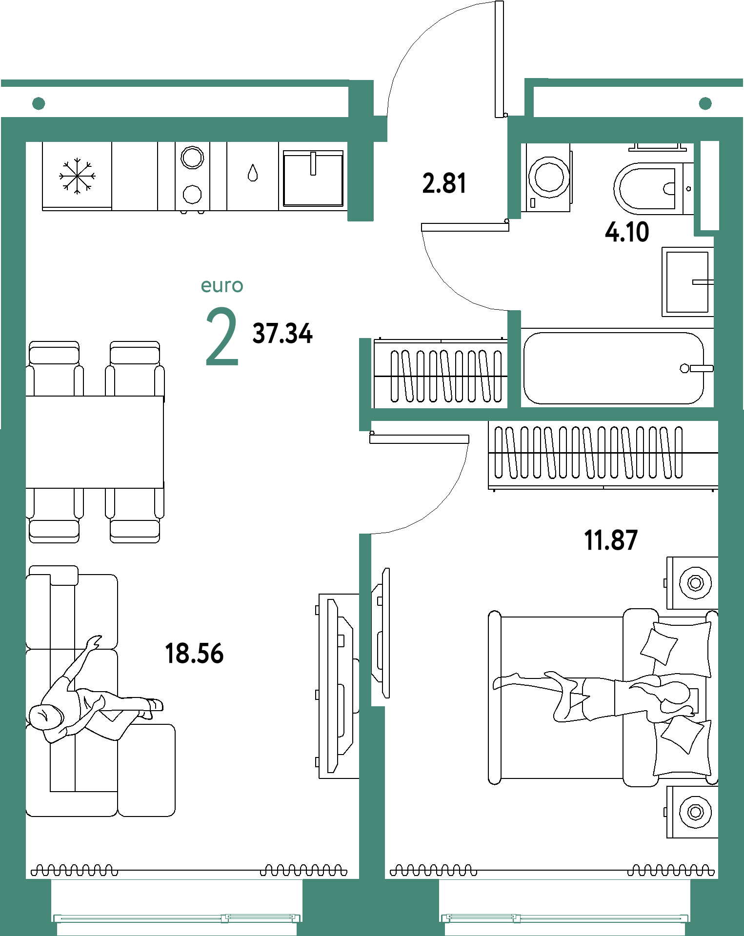 ЖК "Домашний"-2-комнатная 37.34 м²