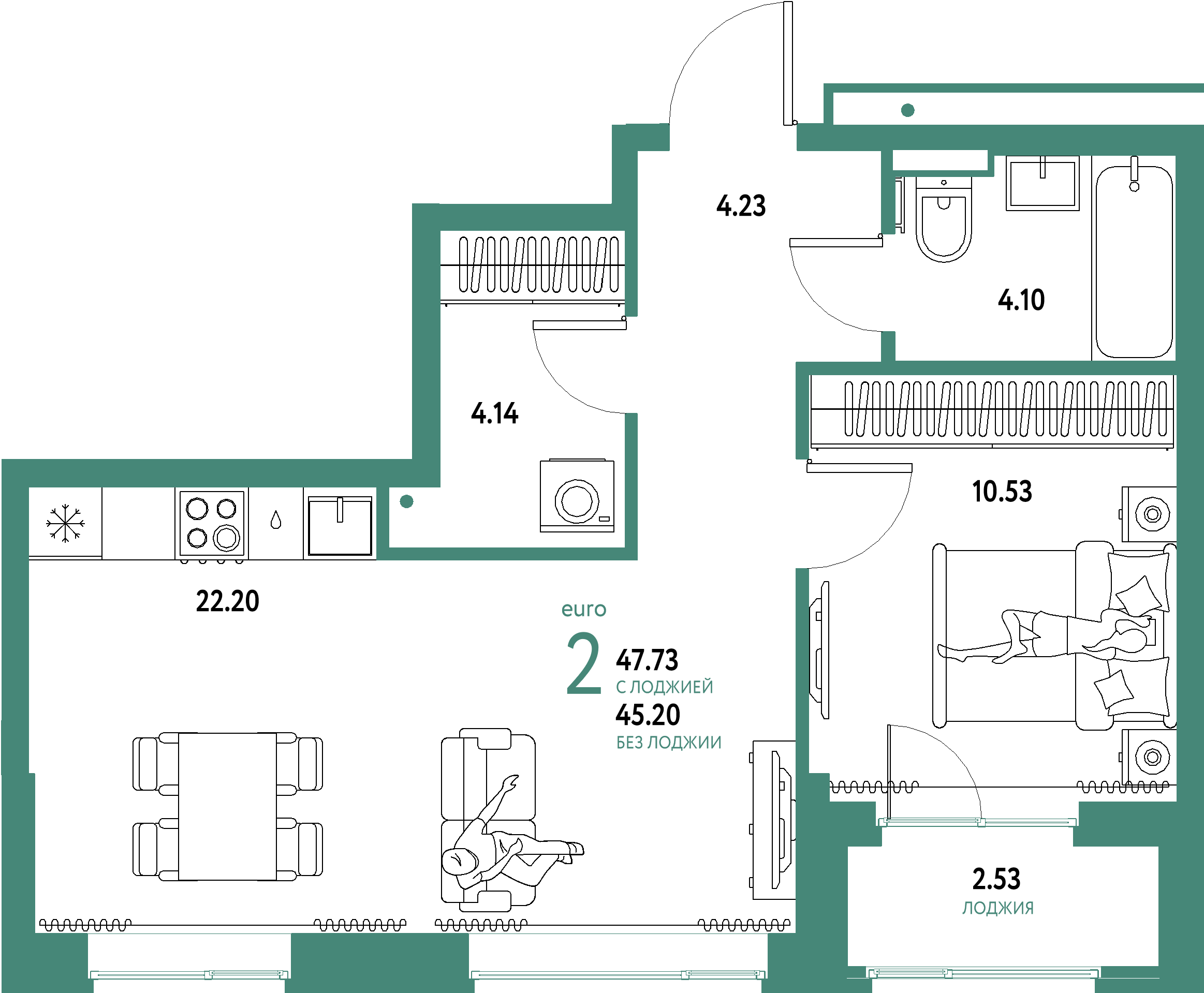 ЖК "Домашний"-2-комнатная 47.73 м²