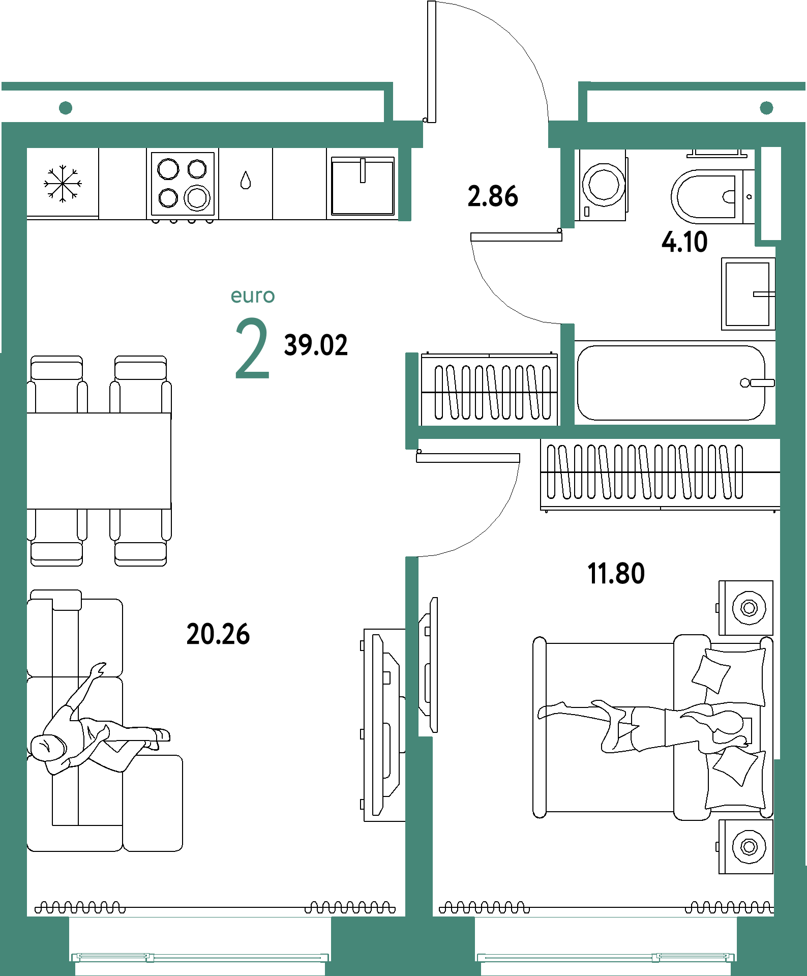 ЖК "Домашний"-2-комнатная 39.02 м²