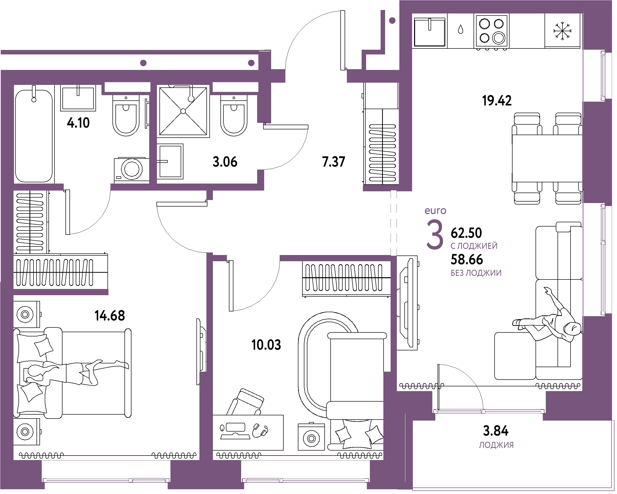 ЖК "Домашний"-3-комнатная 62.5 м²