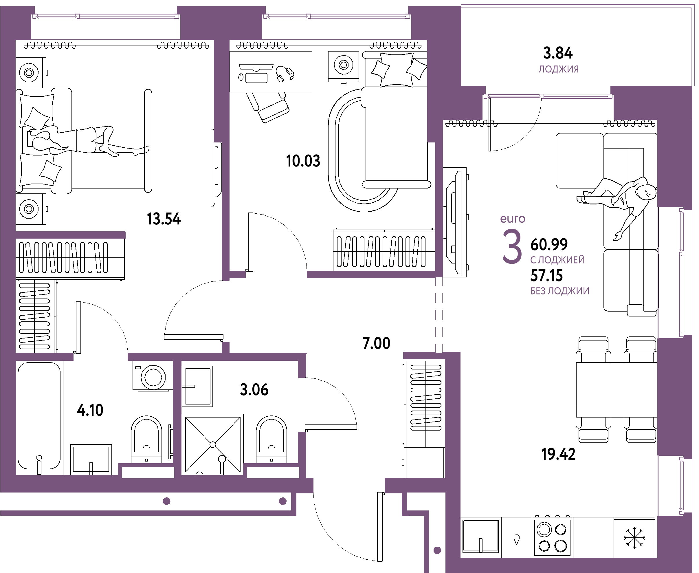 ЖК "Домашний"-3-комнатная 60.99 м²