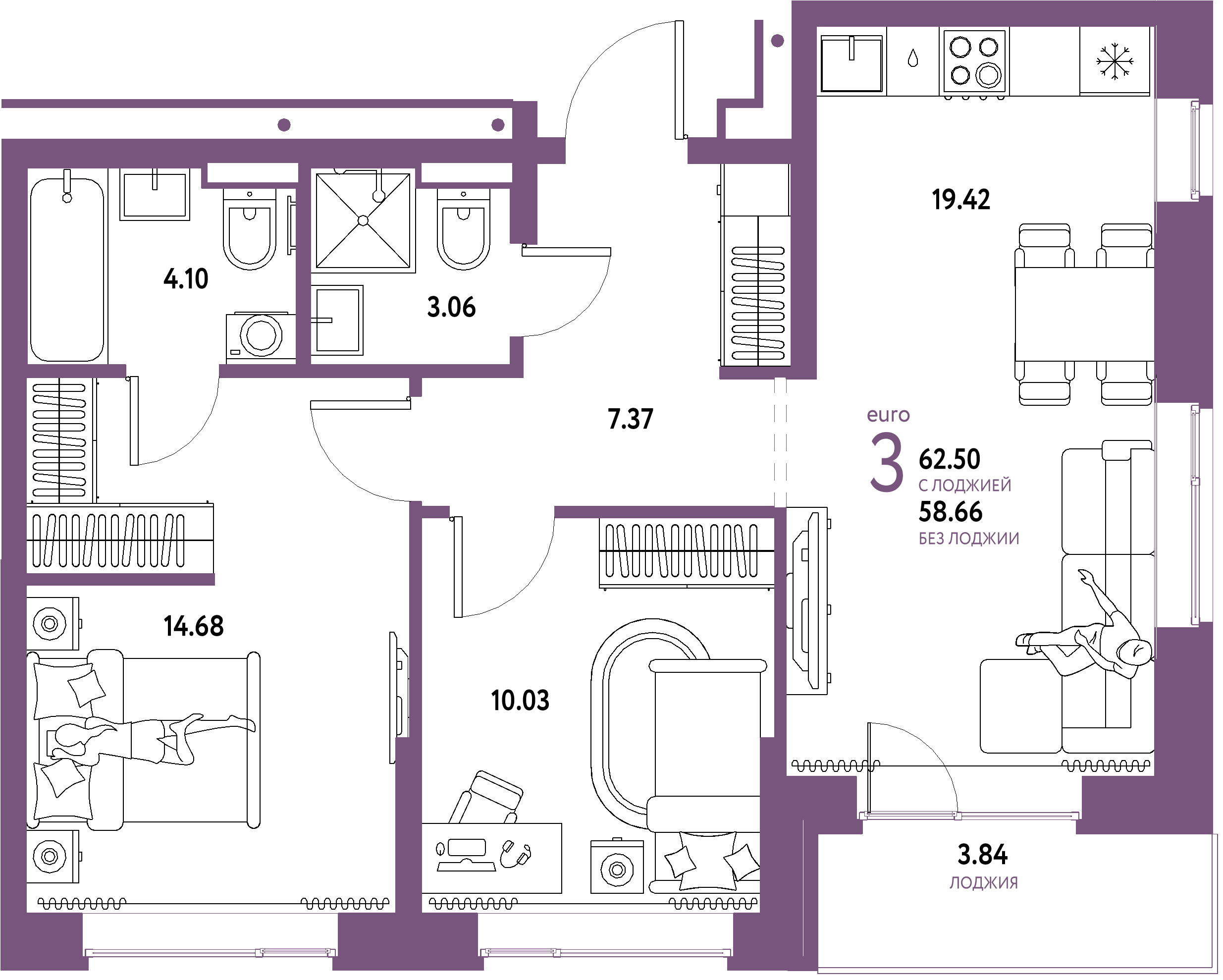 ЖК "Домашний"-3-комнатная 62.5 м²