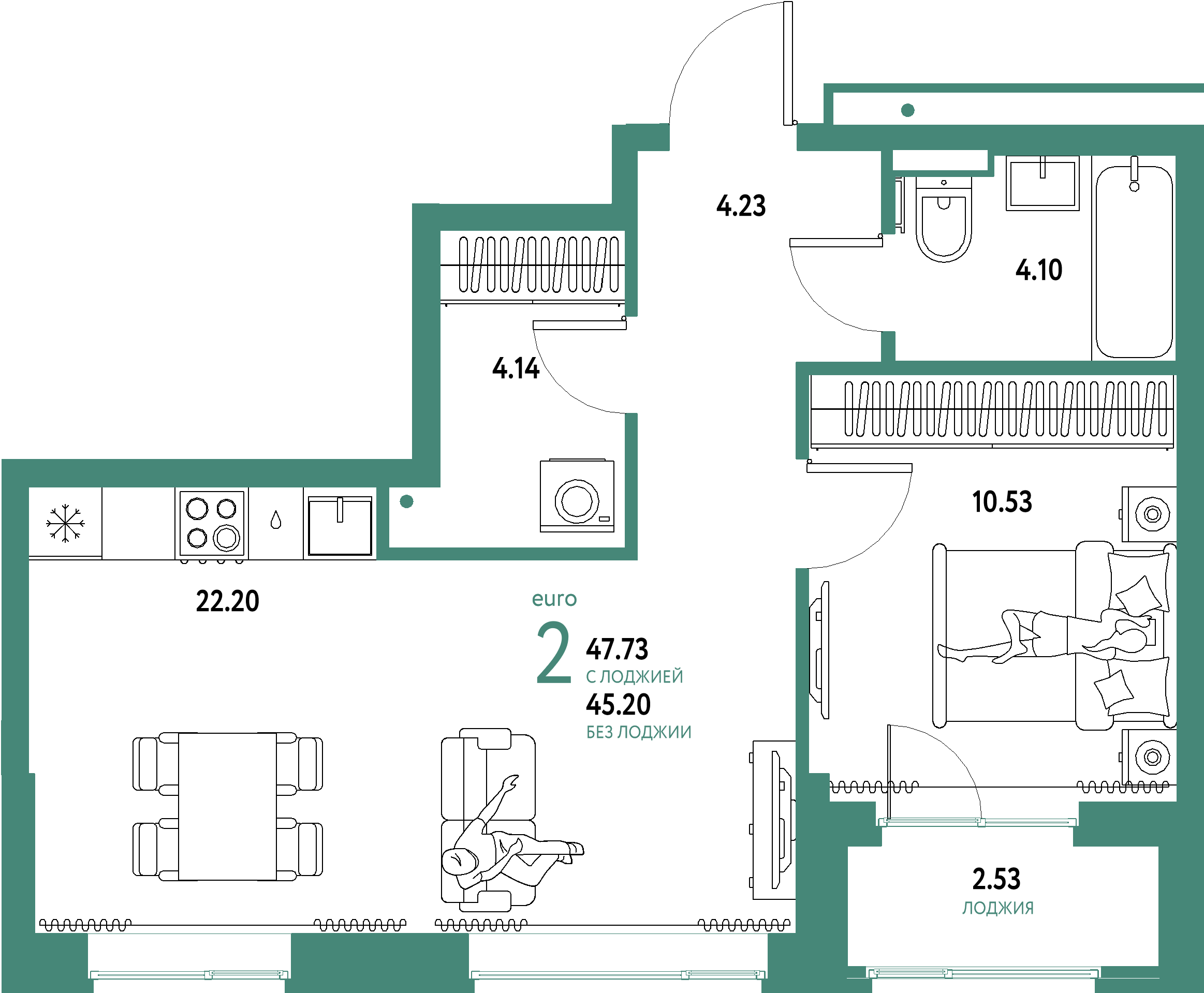 ЖК "Домашний"-2-комнатная 47.73 м²