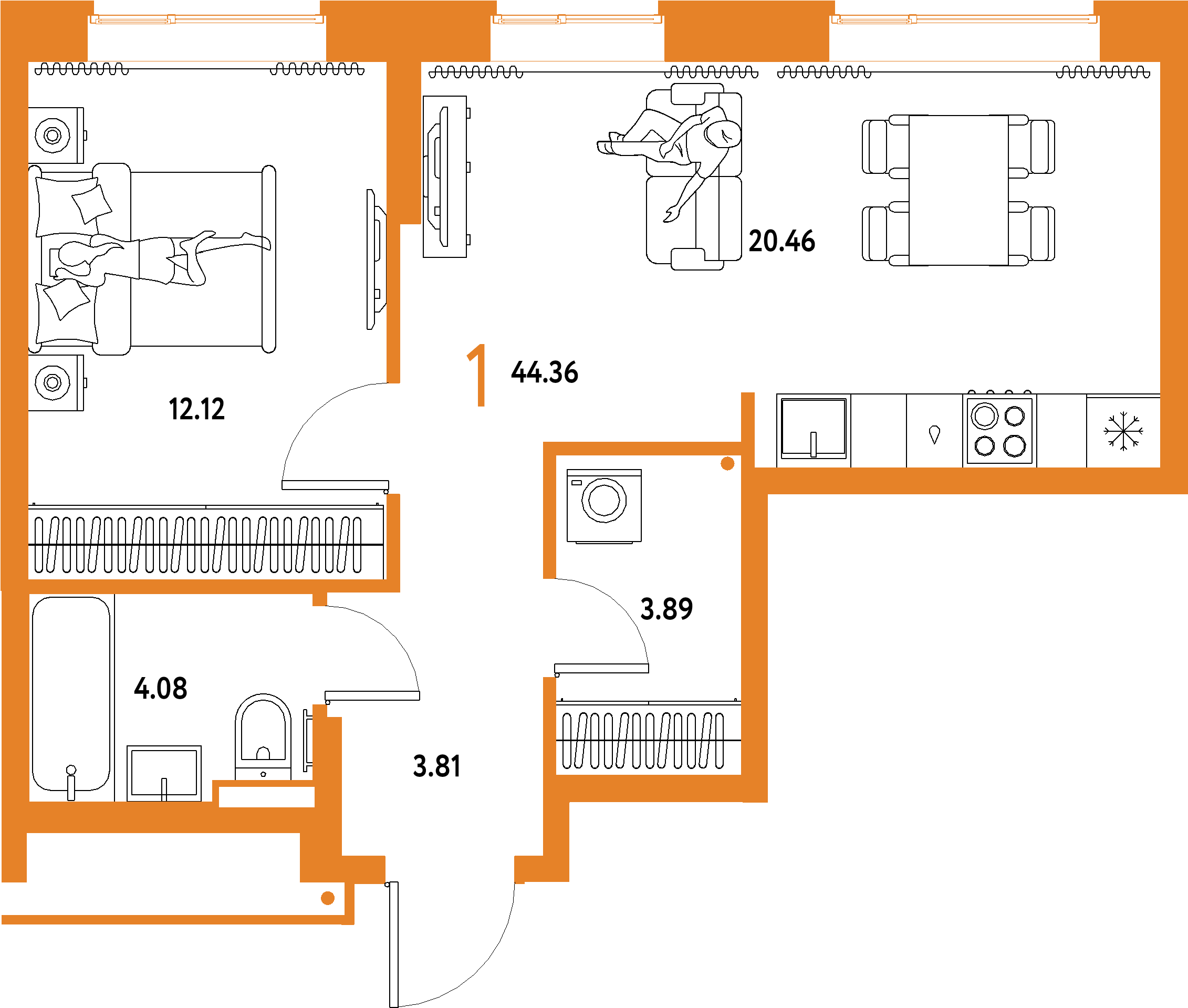 ЖК "Домашний"-1-комнатная 44.36 м²