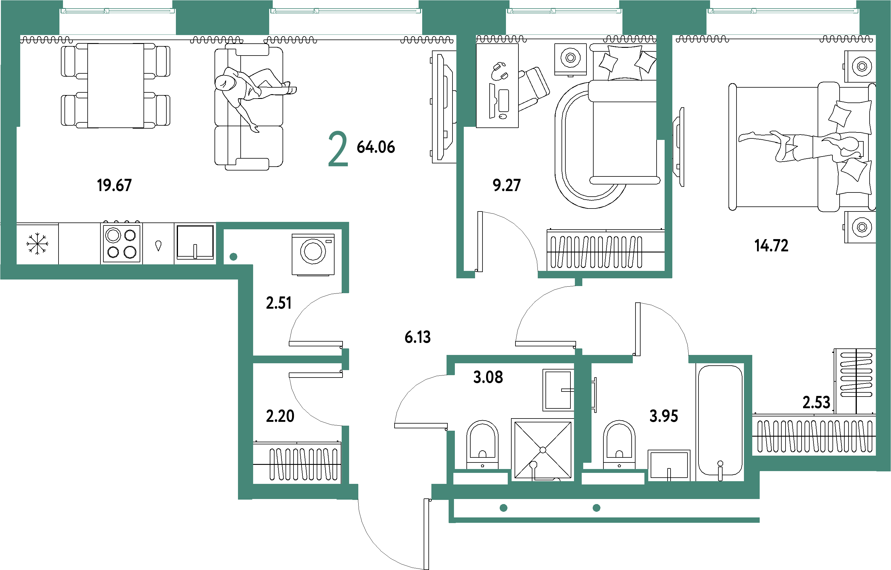 ЖК "Домашний"-3-комнатная 64.06 м²