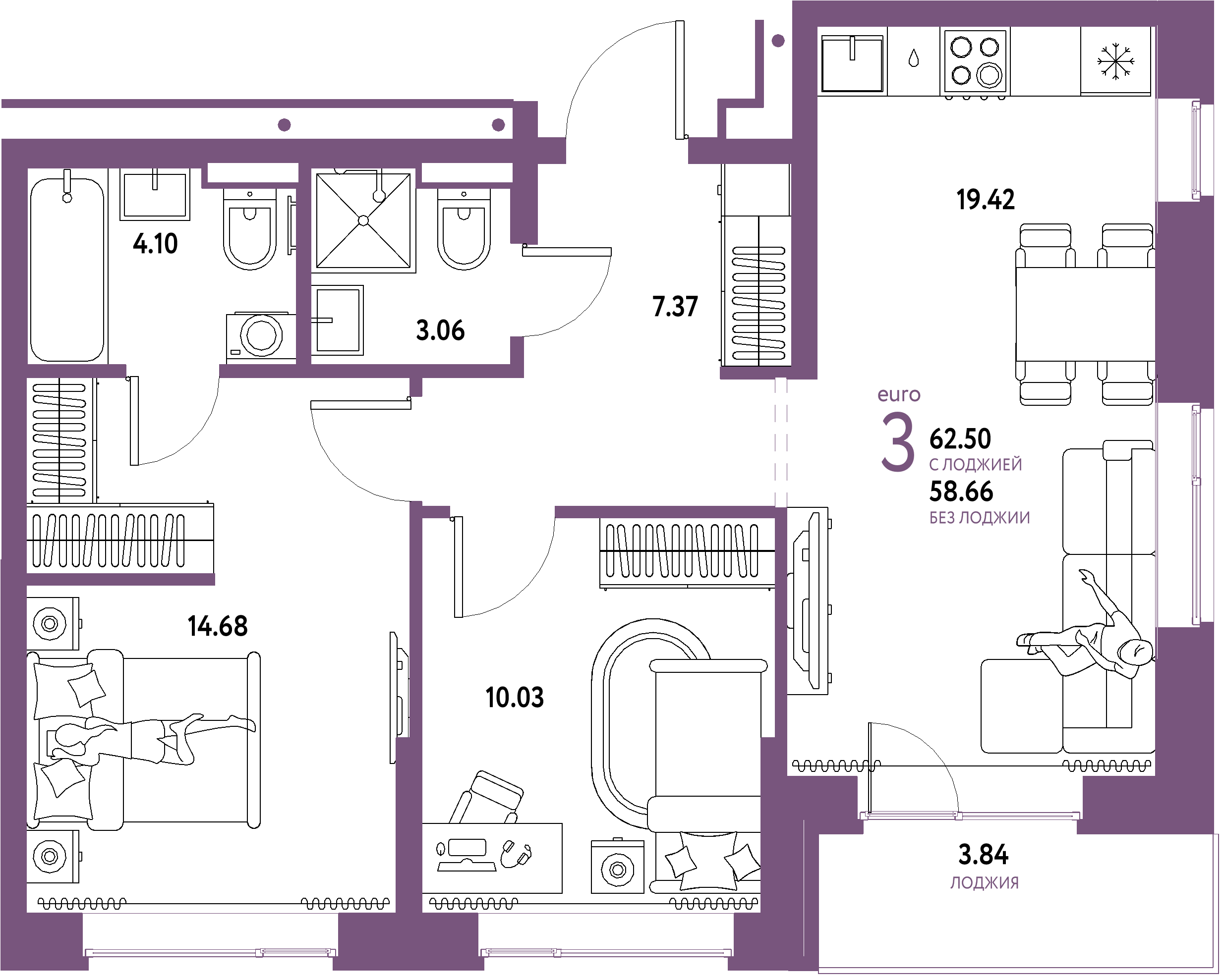 ЖК "Домашний"-3-комнатная 62.5 м²