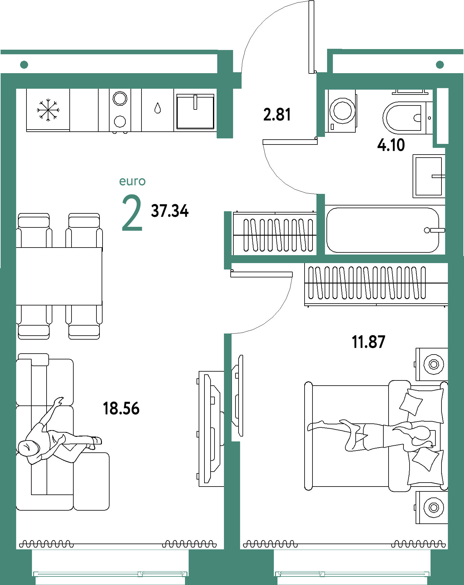 ЖК "Домашний"-2-комнатная 37.34 м²