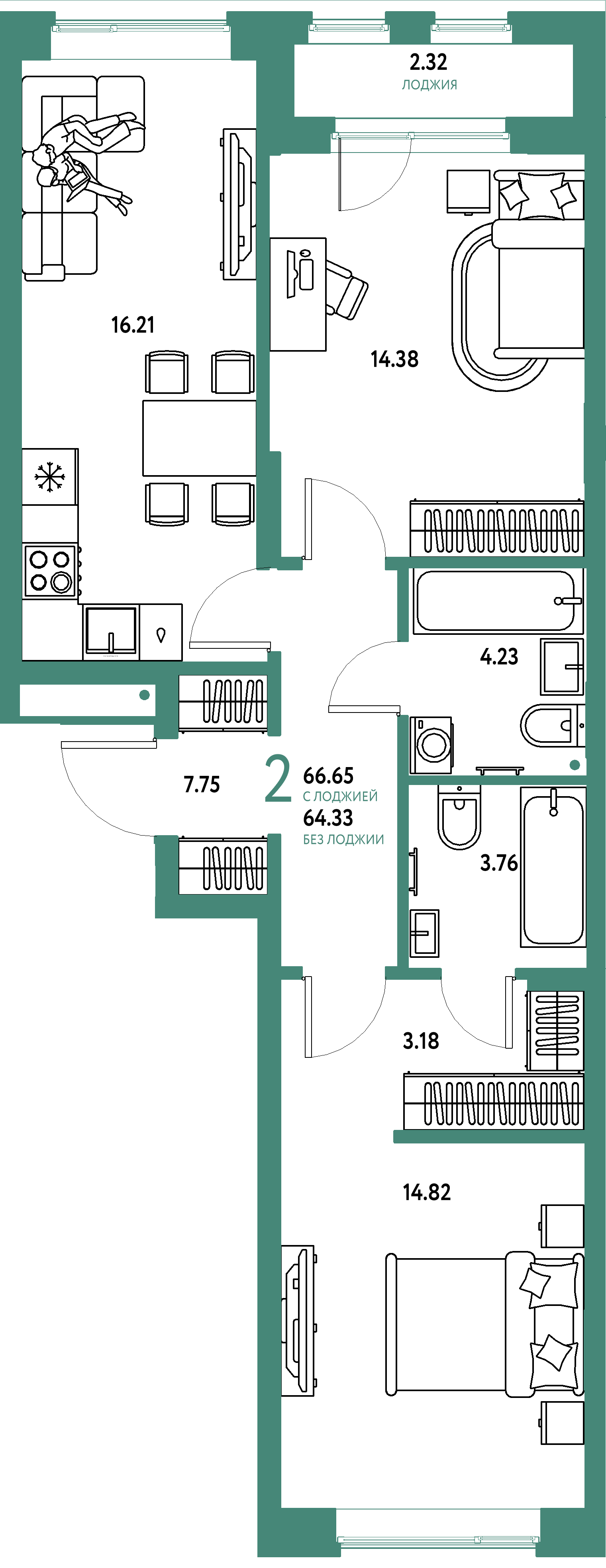 Купить 2-комнатную квартиру 66.65м², этаж №2 кв №1 в ЖК 