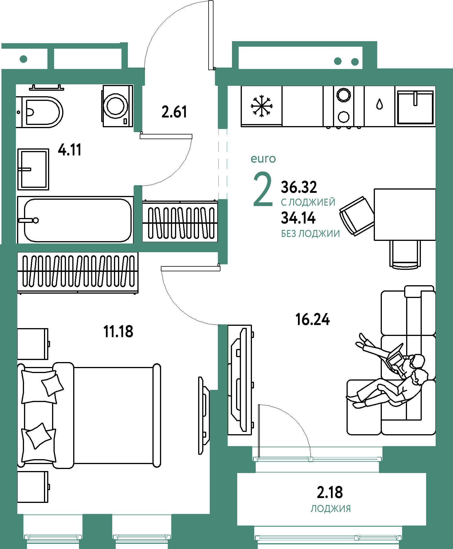 Купить 2-комнатную квартиру 36.32м², этаж №2 кв №2 в ЖК 