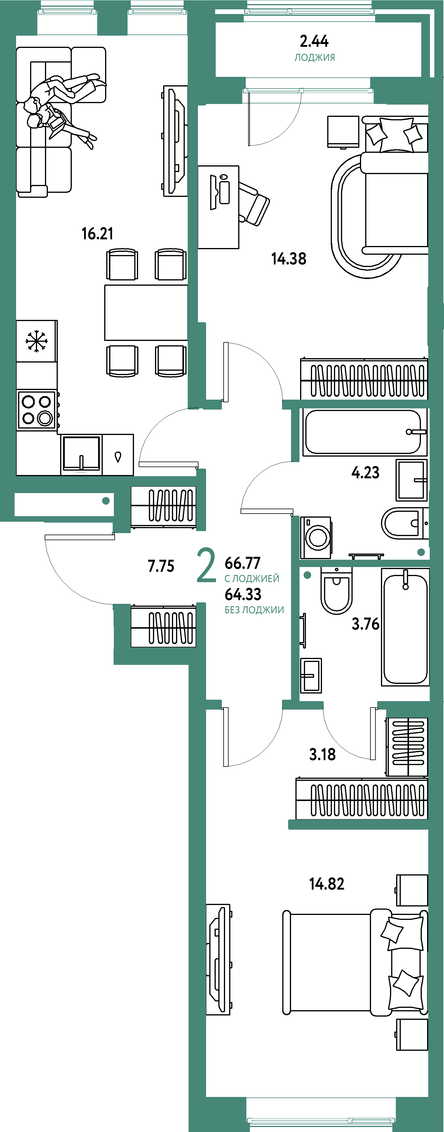 Купить 2-комнатную квартиру 66.77м², этаж №3 кв №6 в ЖК 