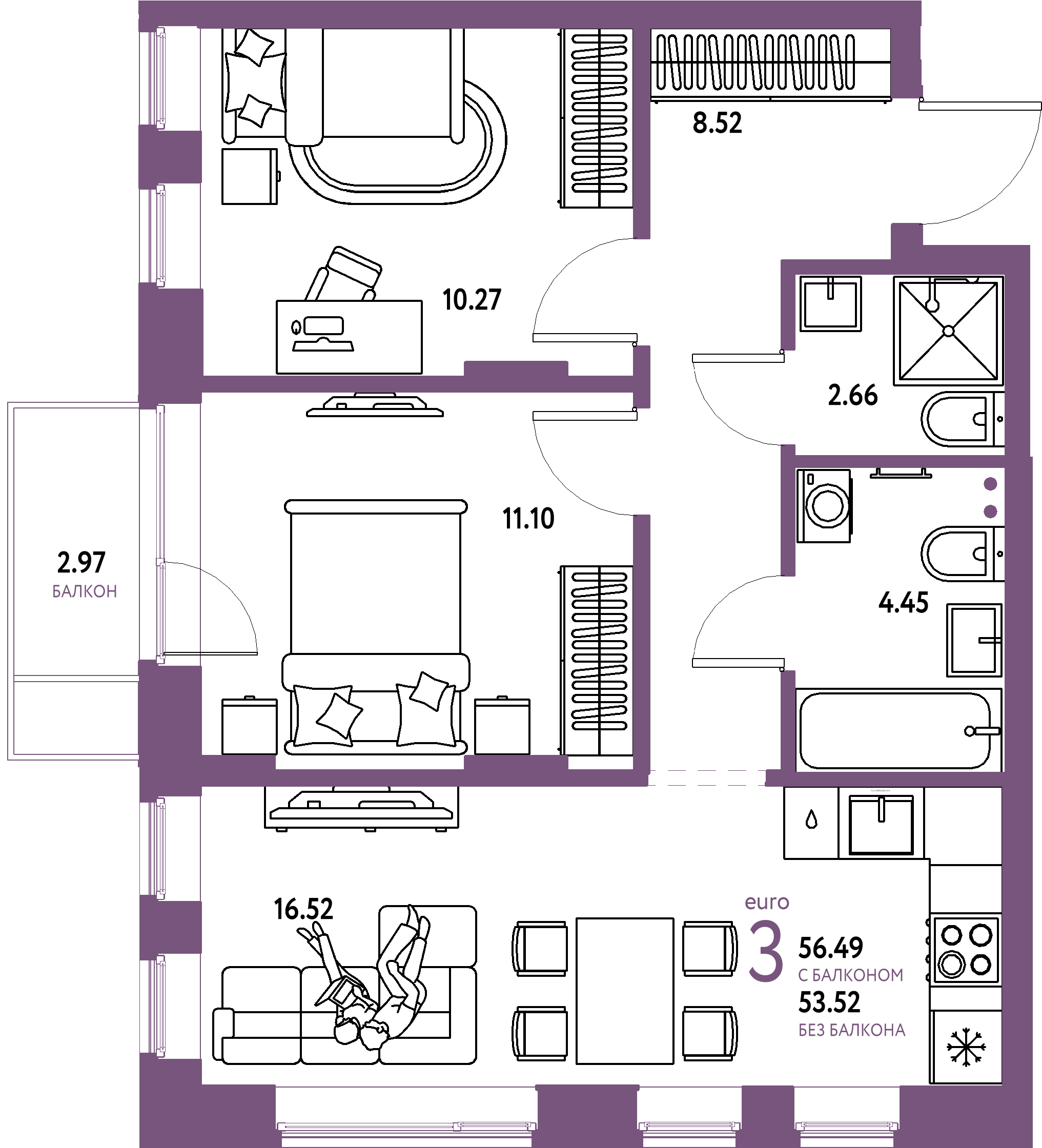 ЖК "Домашний"-3-комнатная 56.49 м²
