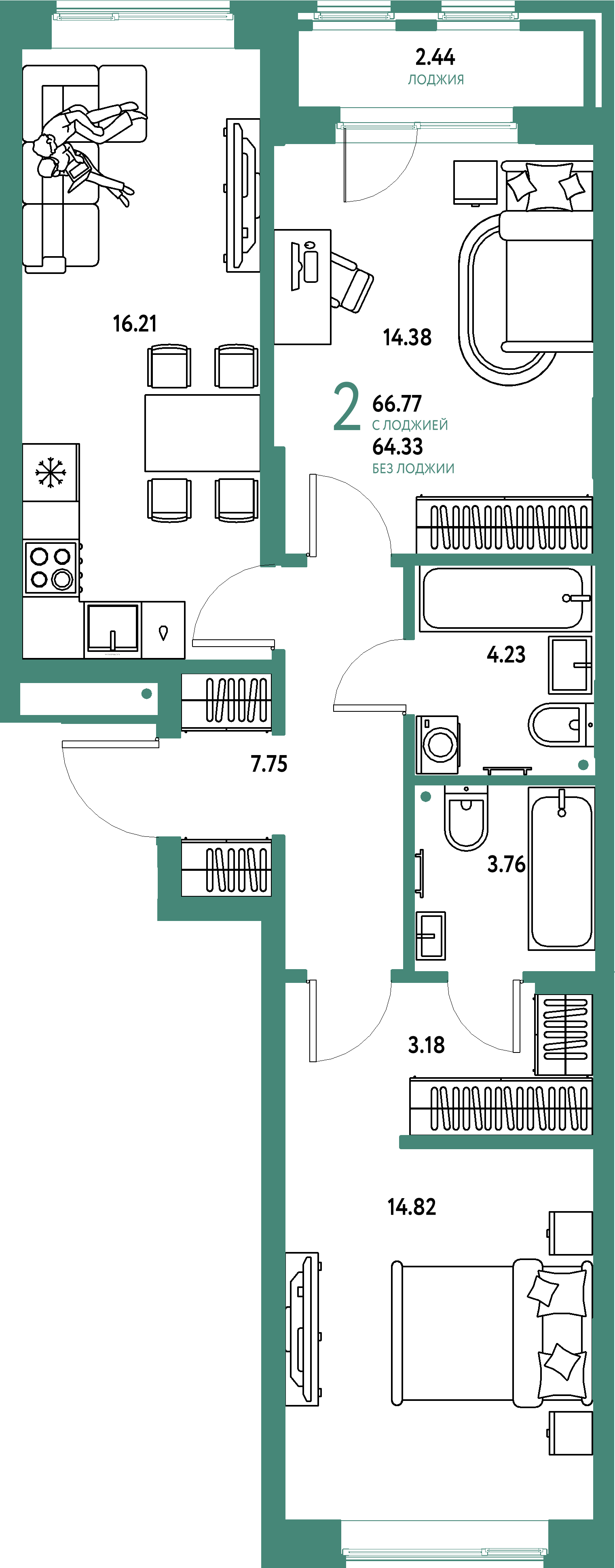 ЖК "Домашний"-2-комнатная 66.77 м²