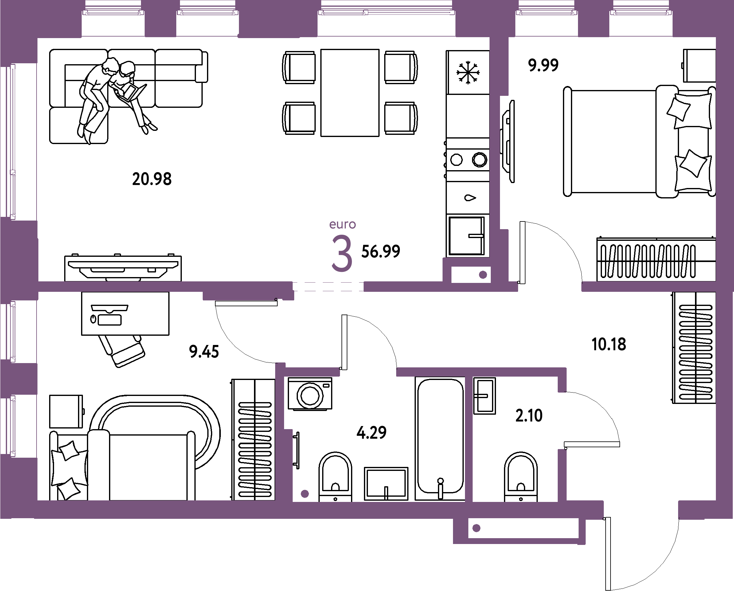 ЖК "Домашний"-3-комнатная 56.99 м²