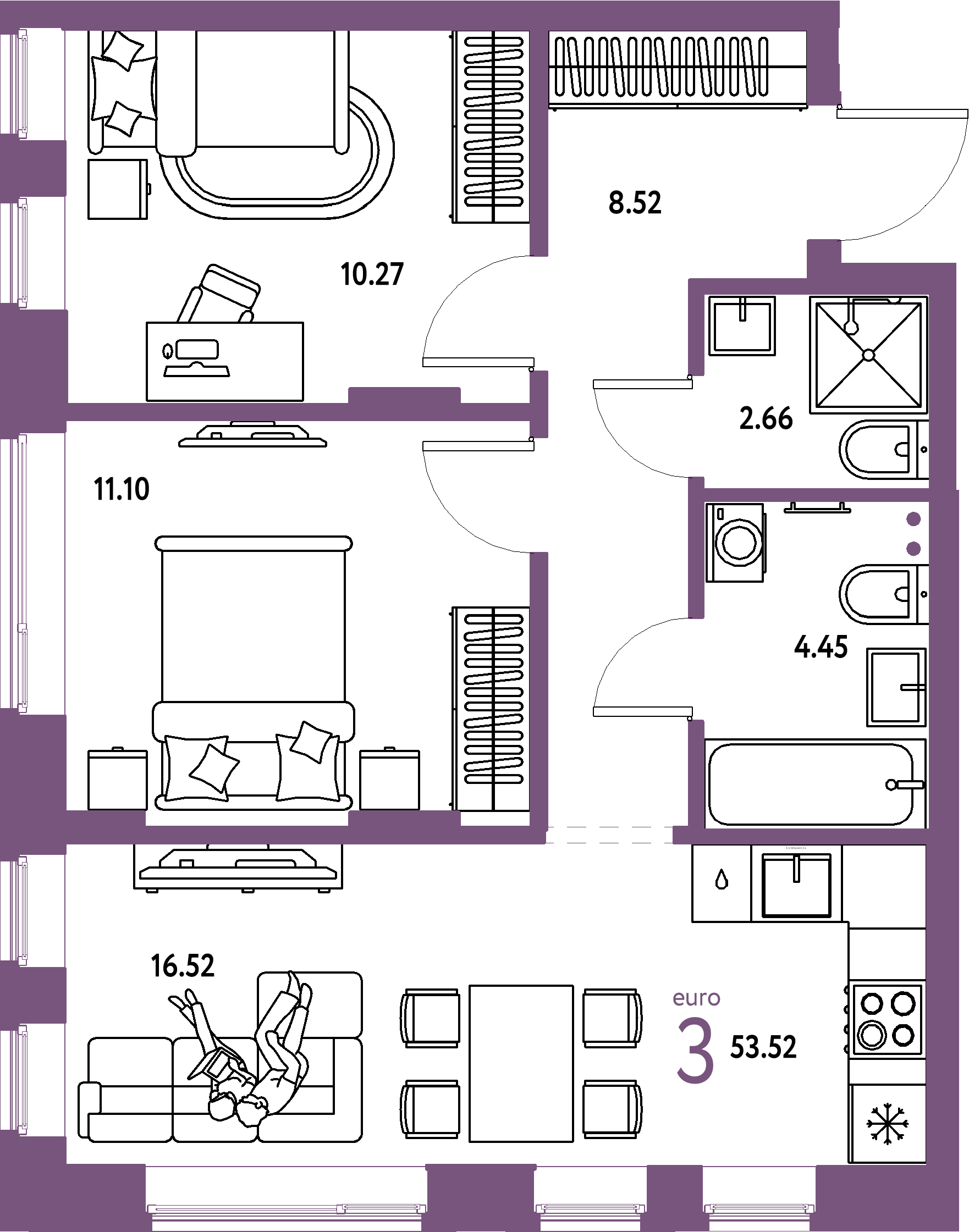 ЖК "Домашний"-3-комнатная 53.52 м²
