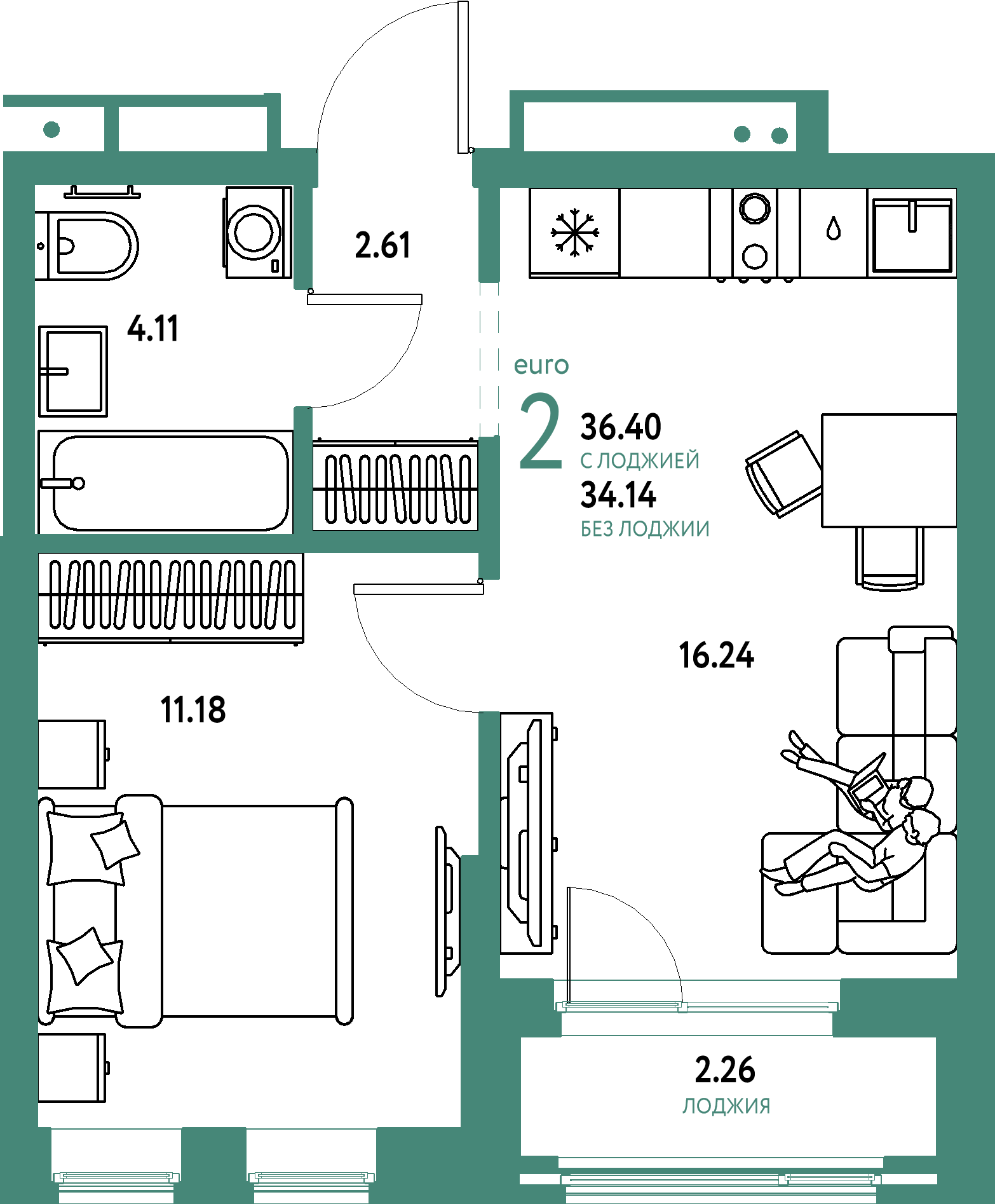 ЖК "Домашний"-2-комнатная 36.4 м²