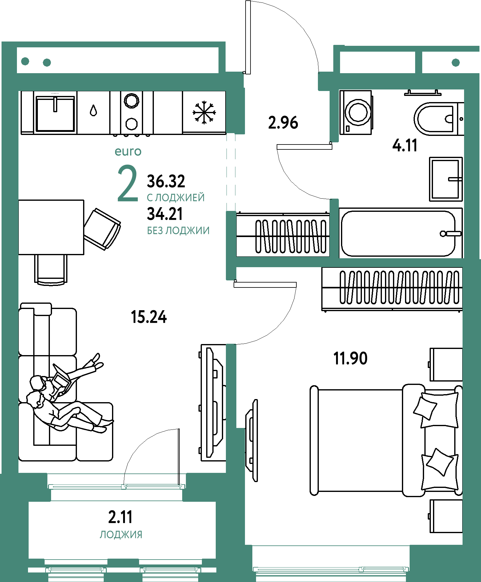 ЖК "Домашний"-2-комнатная 36.32 м²