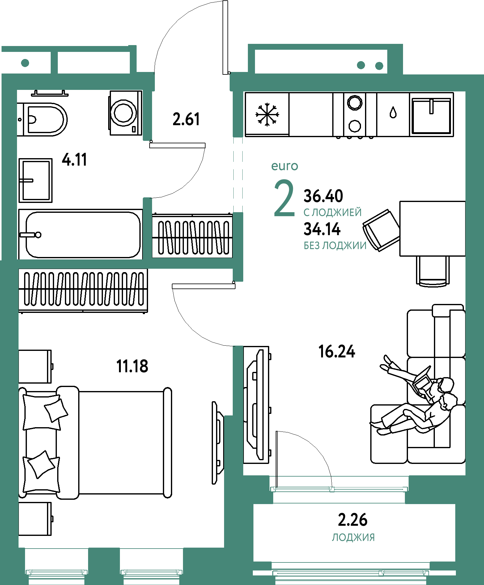 ЖК "Домашний"-2-комнатная 36.4 м²
