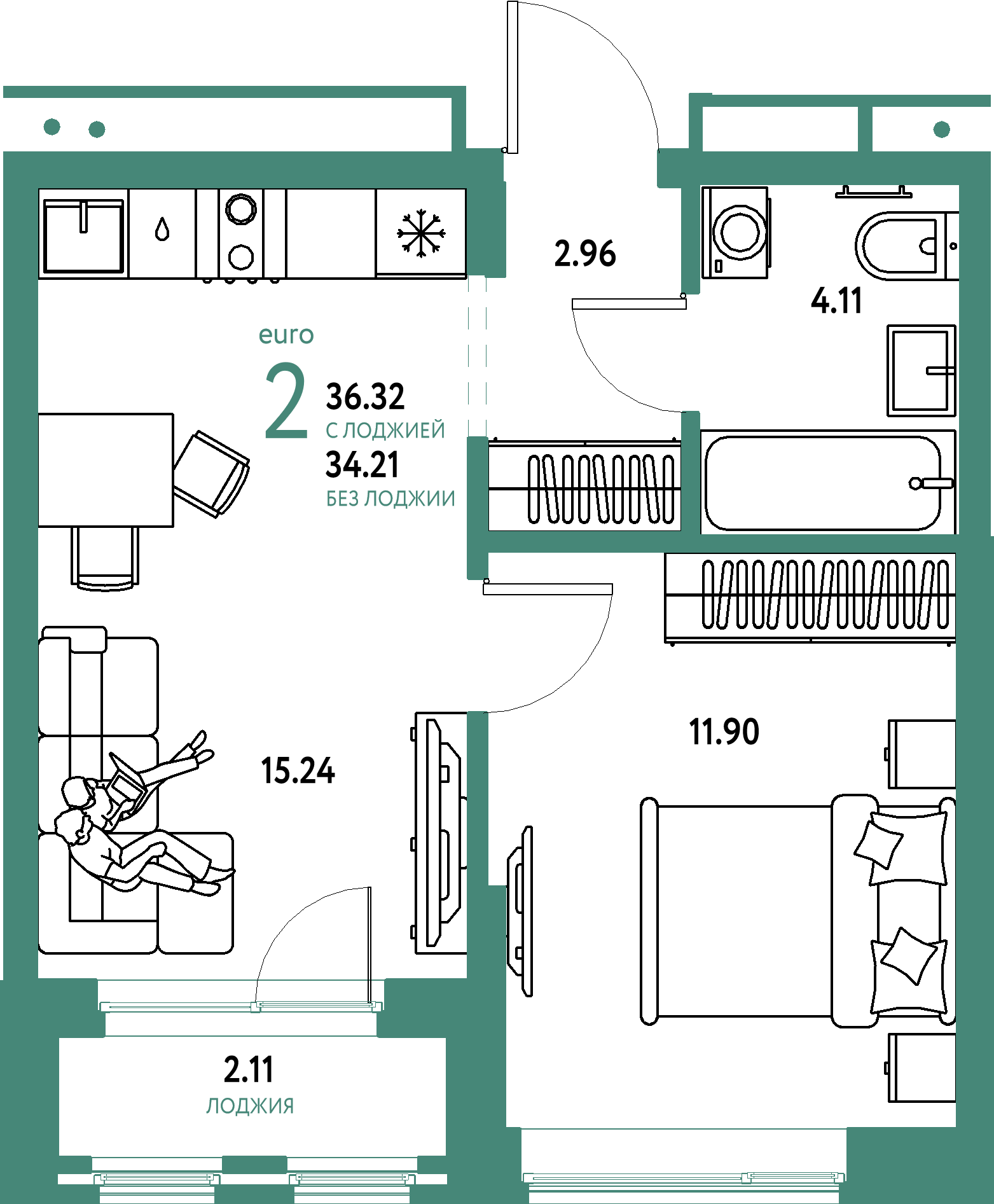 ЖК "Домашний"-2-комнатная 36.32 м²
