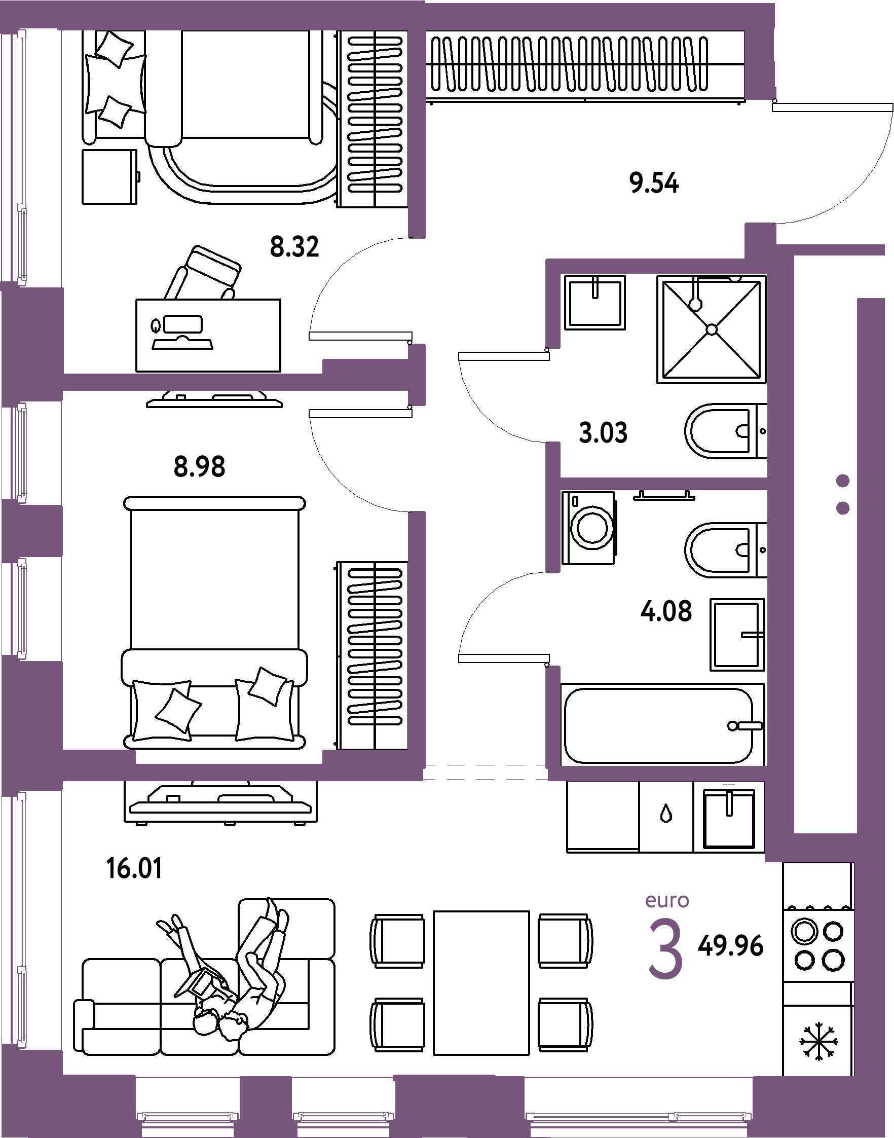 ЖК "Домашний"-3-комнатная 49.96 м²