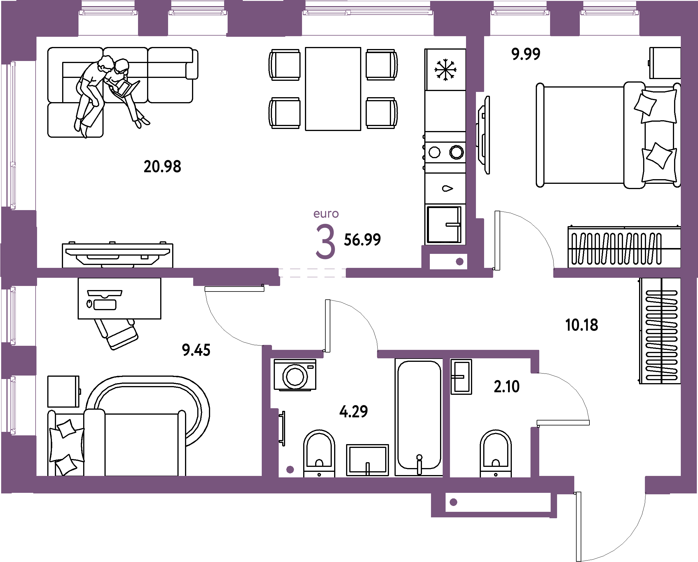 Купить 3-комнатную квартиру 56.99м², этаж №10 кв №45 в ЖК 