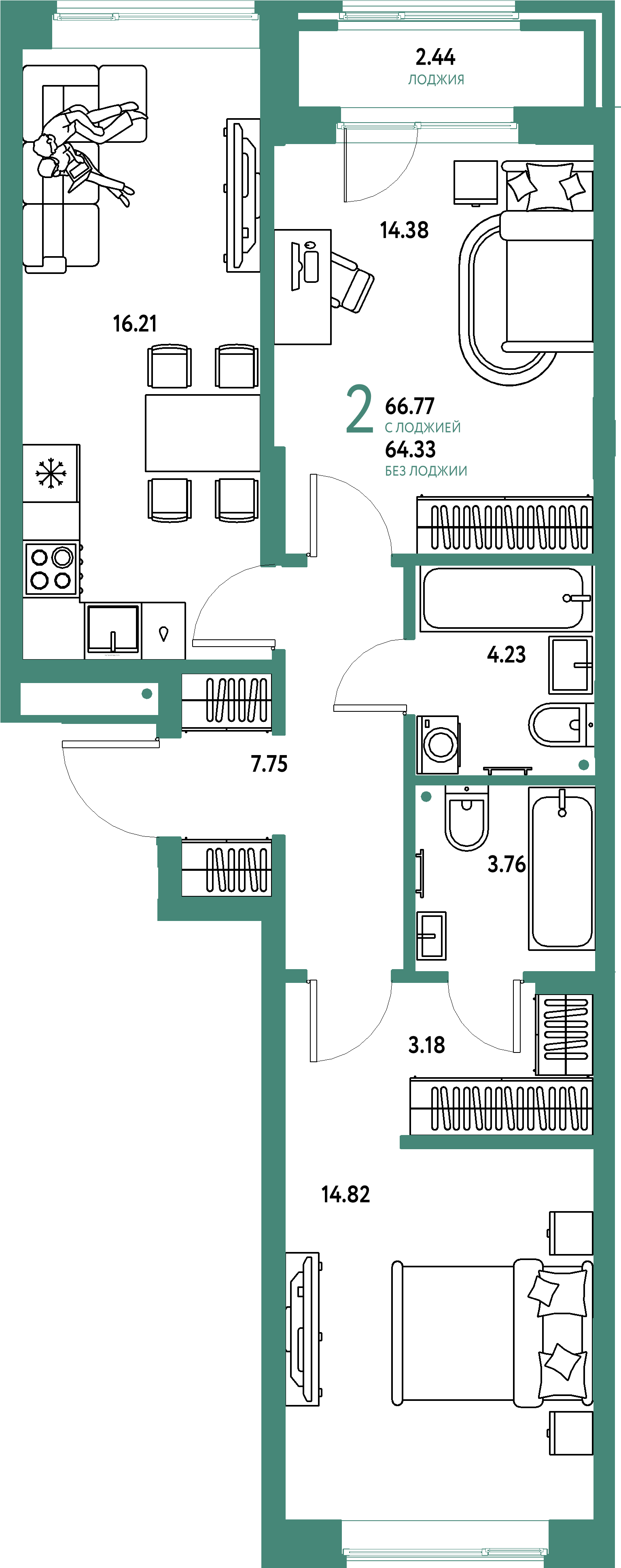 ЖК "Домашний"-2-комнатная 66.77 м²