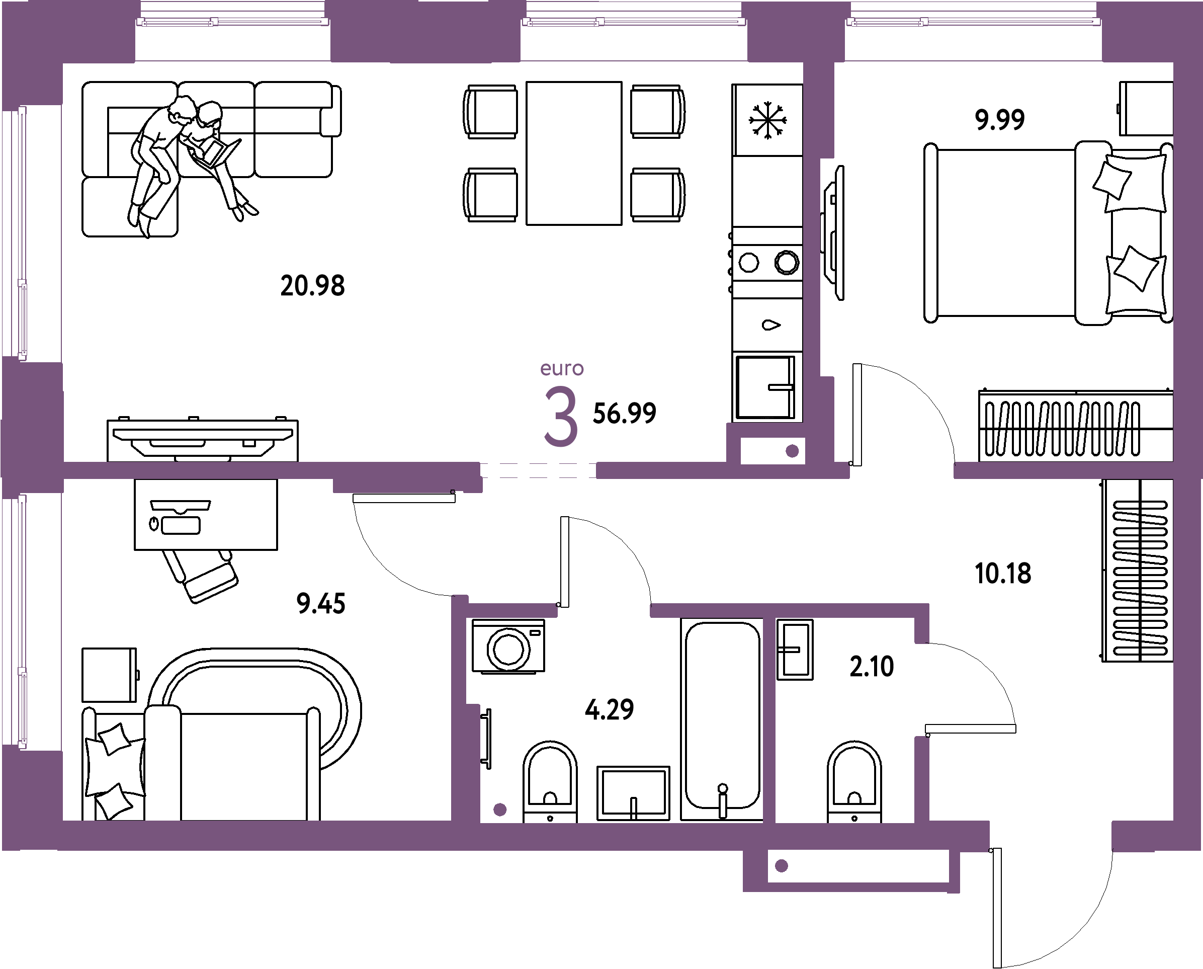 ЖК "Домашний"-3-комнатная 56.99 м²