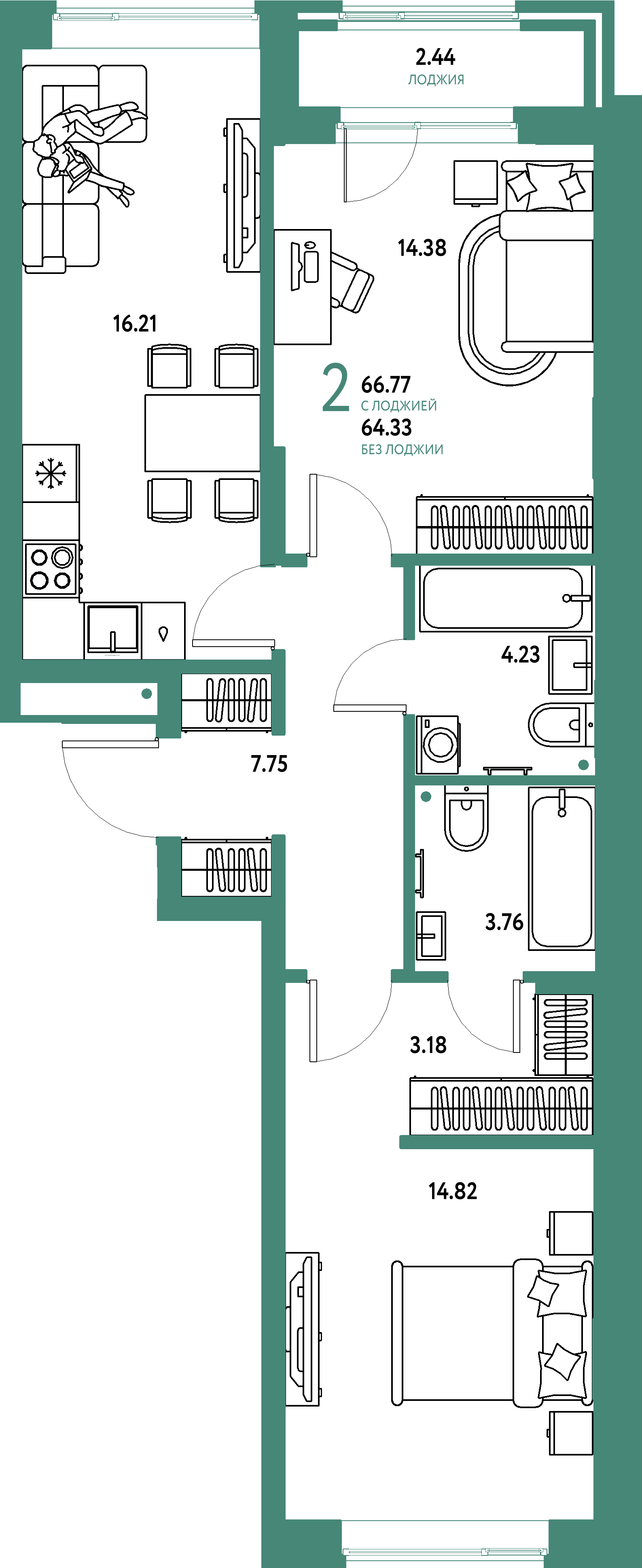 ЖК "Домашний"-2-комнатная 66.77 м²