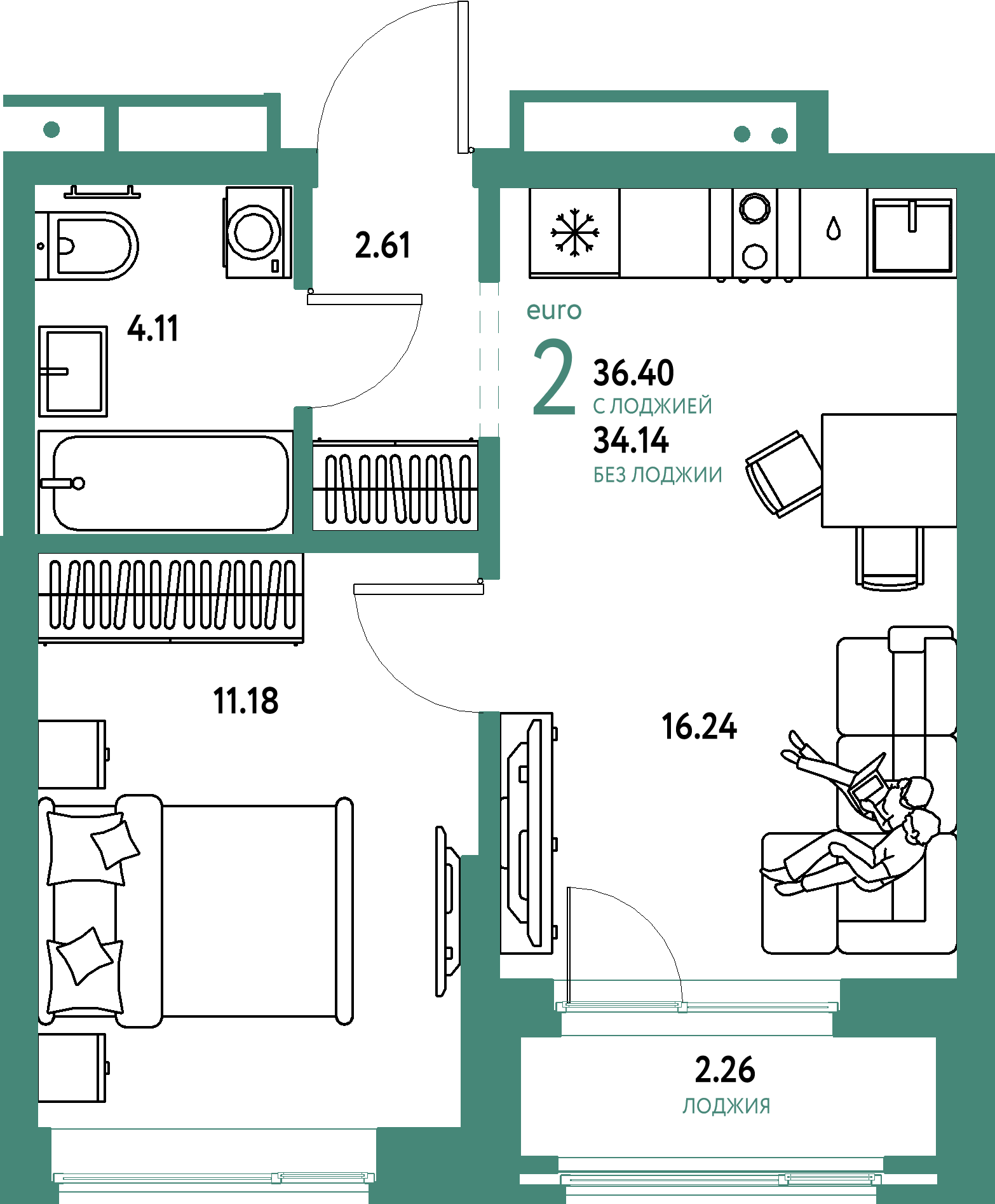 ЖК "Домашний"-2-комнатная 36.4 м²