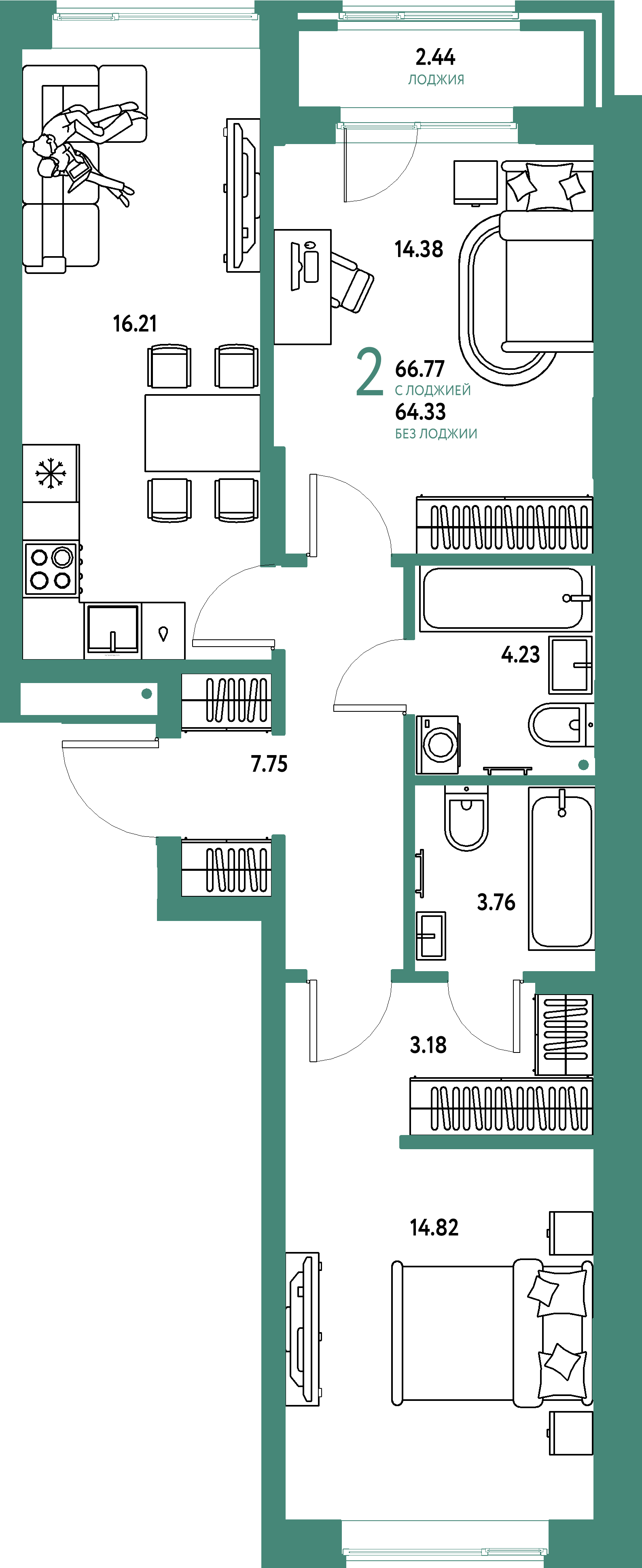 Купить 2-комнатную квартиру 66.77м², этаж №13 кв №56 в ЖК 