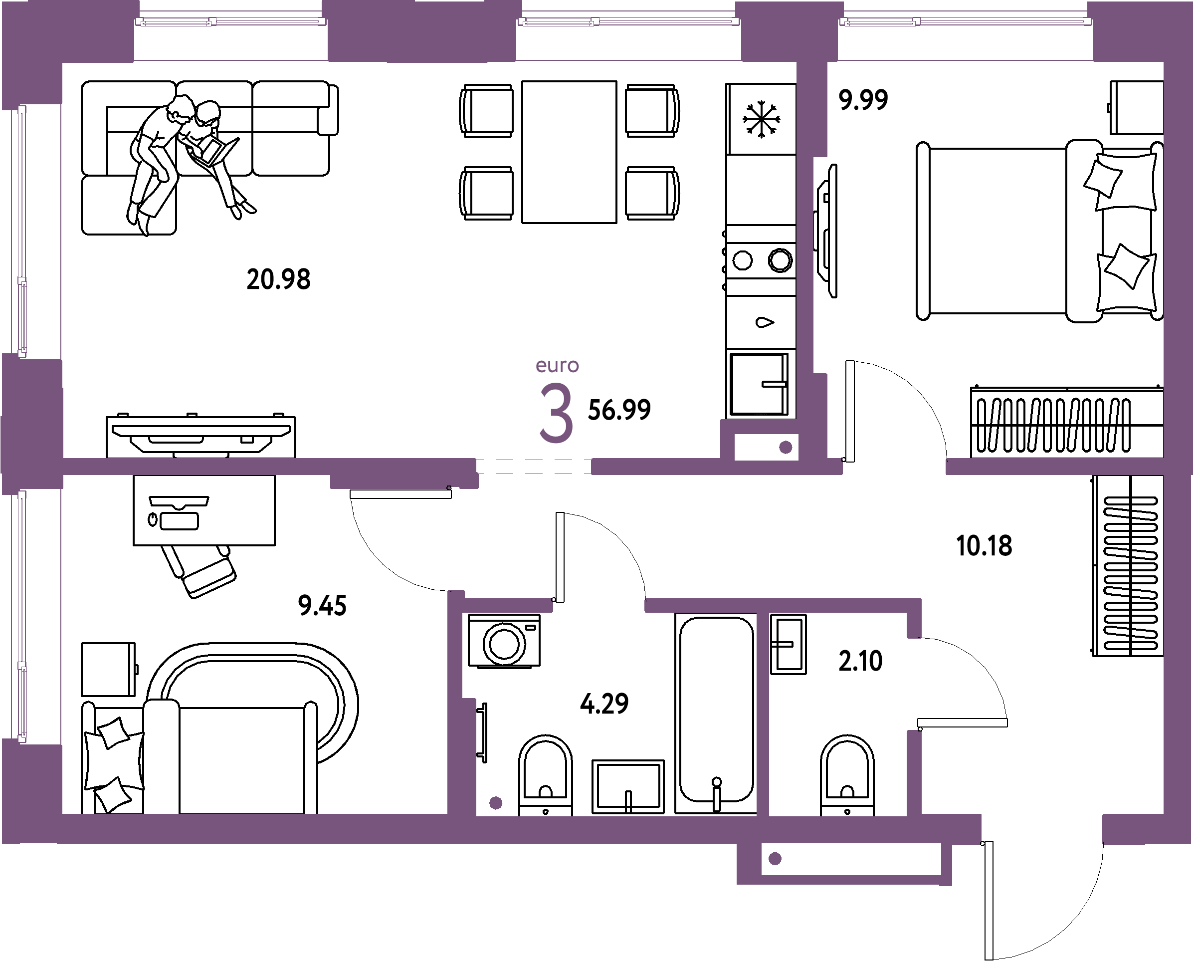 ЖК "Домашний"-3-комнатная 56.99 м²