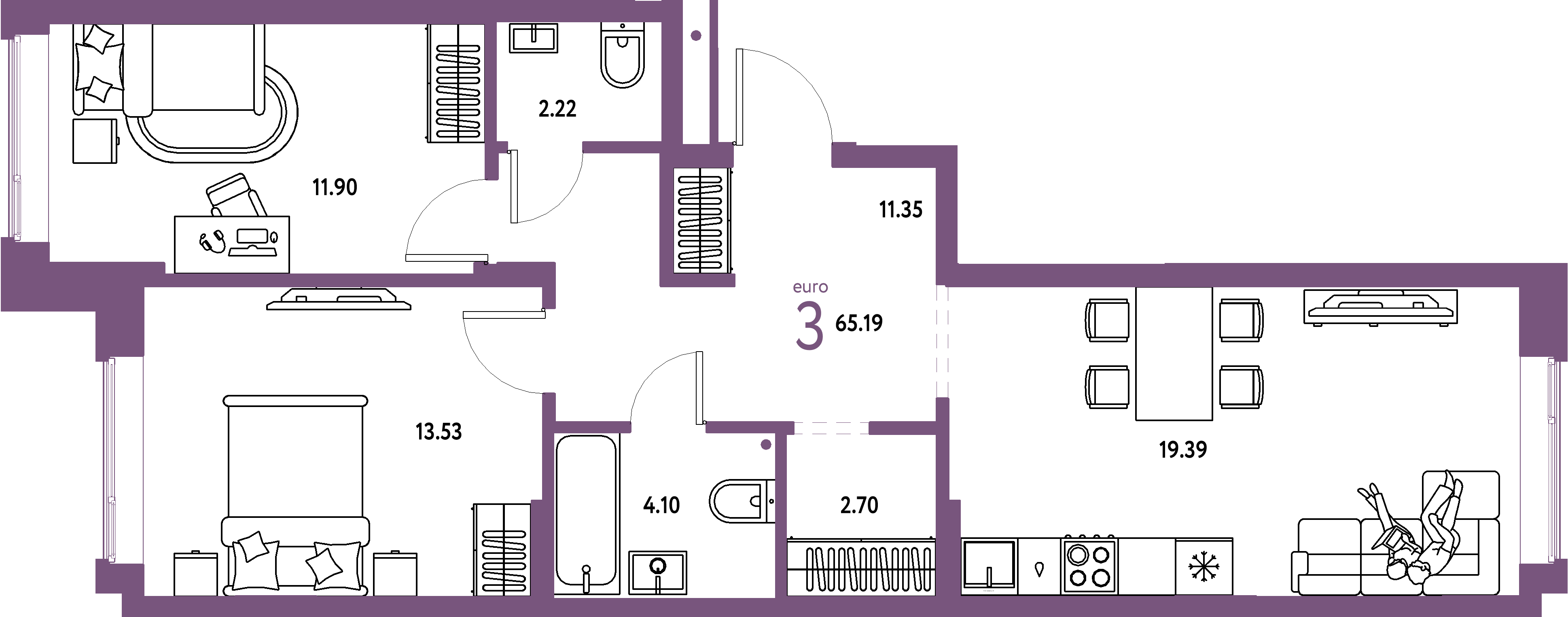 Купить 3-комнатную квартиру 65.19м², этаж №2 кв №61 в ЖК 