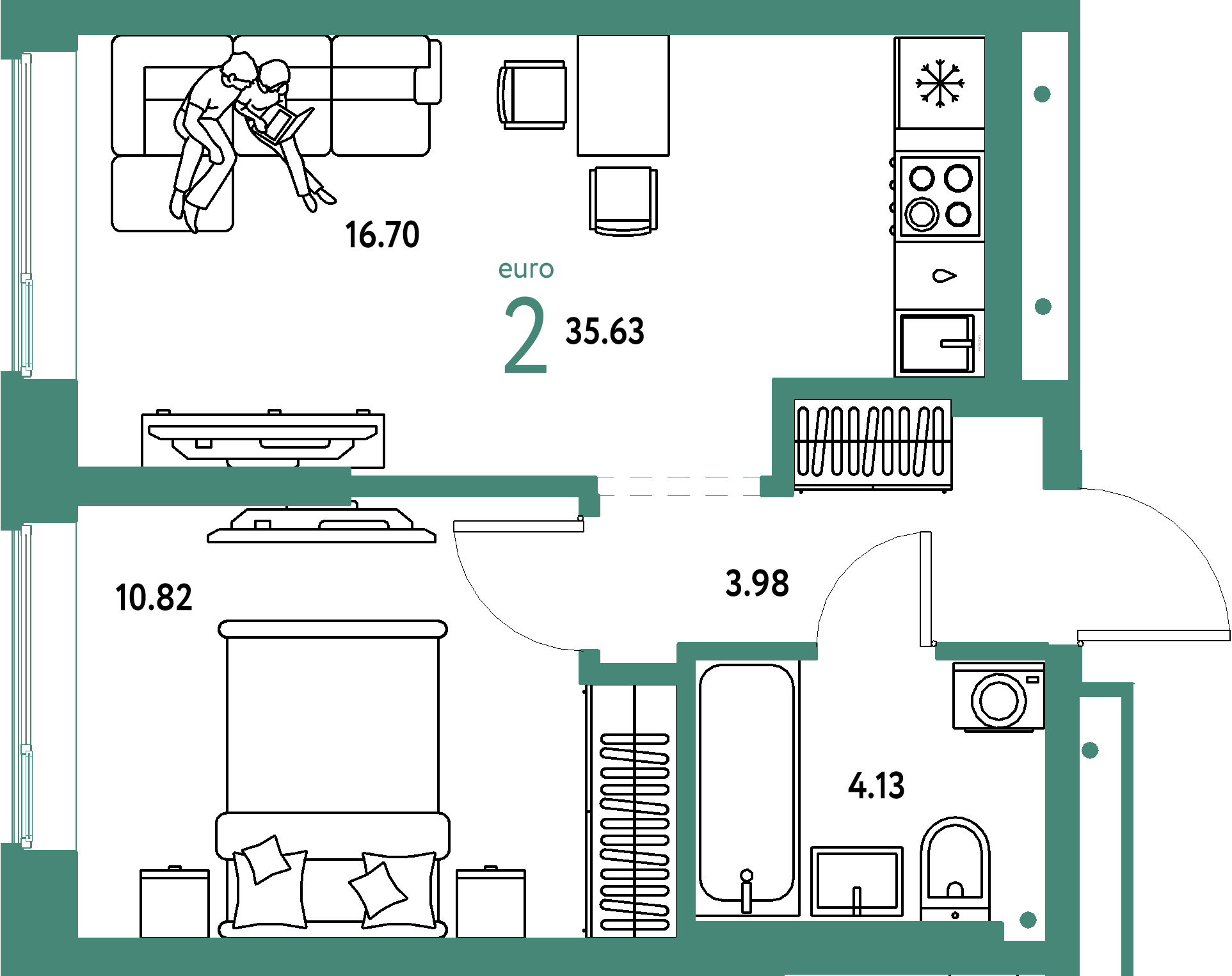 ЖК "Домашний"-2-комнатная 35.63 м²