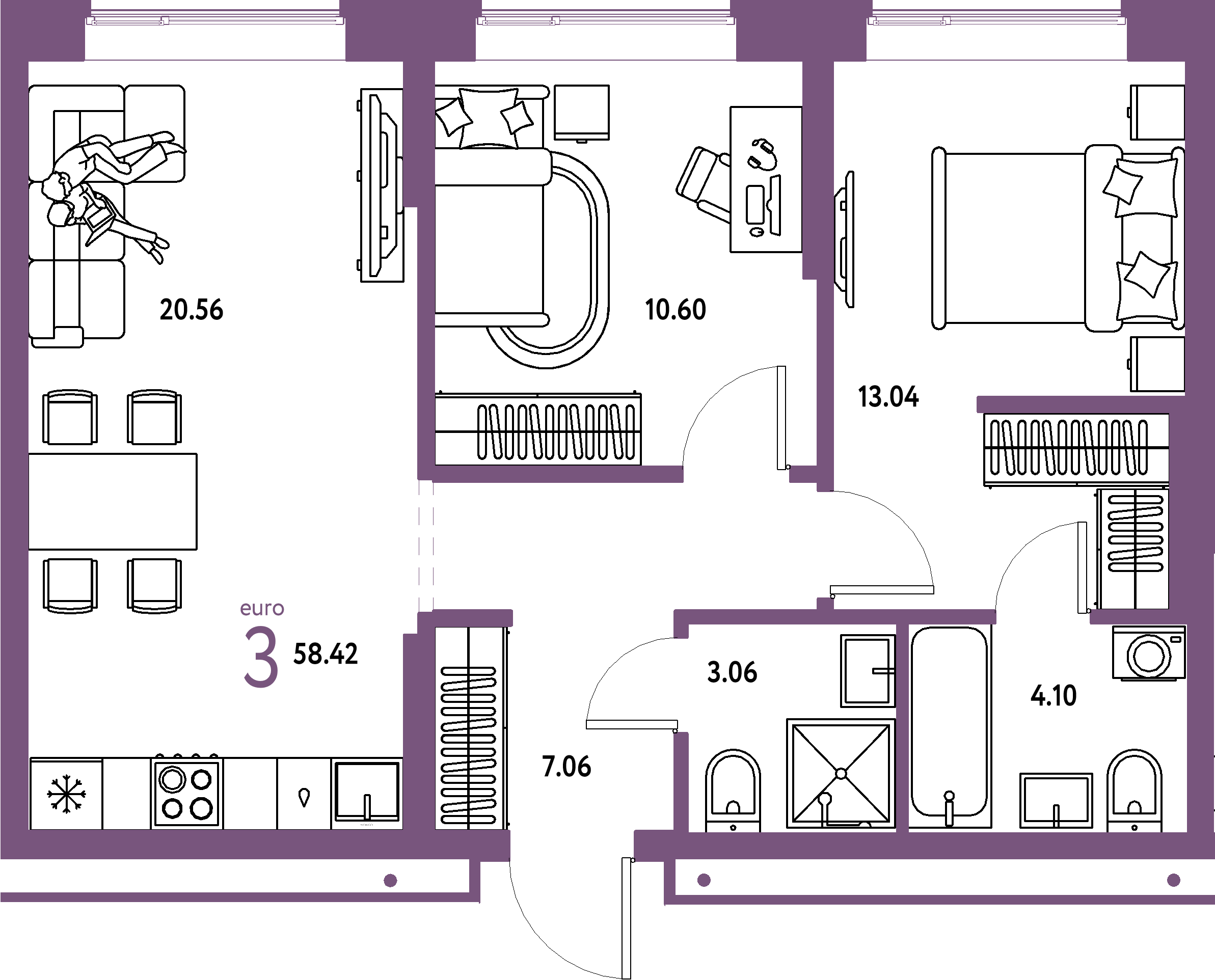 ЖК "Домашний"-3-комнатная 58.42 м²