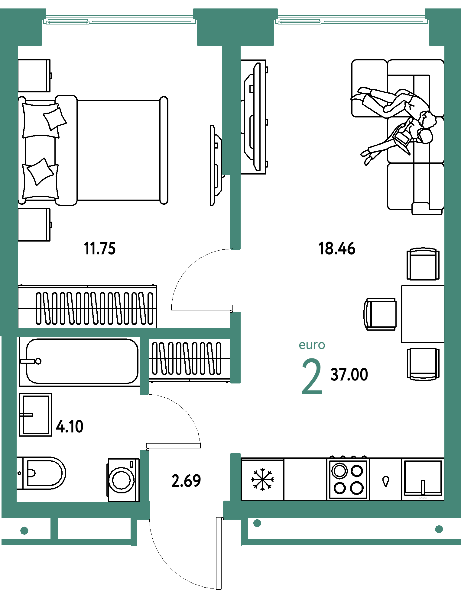 ЖК "Домашний"-2-комнатная 37 м²