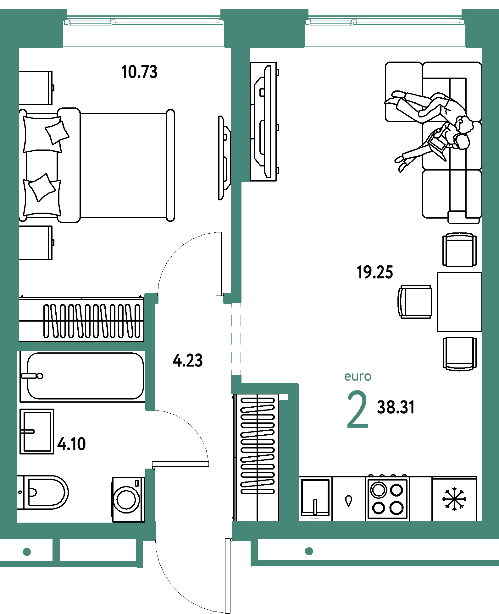 Купить 2-комнатную квартиру 38.31м², этаж №2 кв №66 в ЖК 