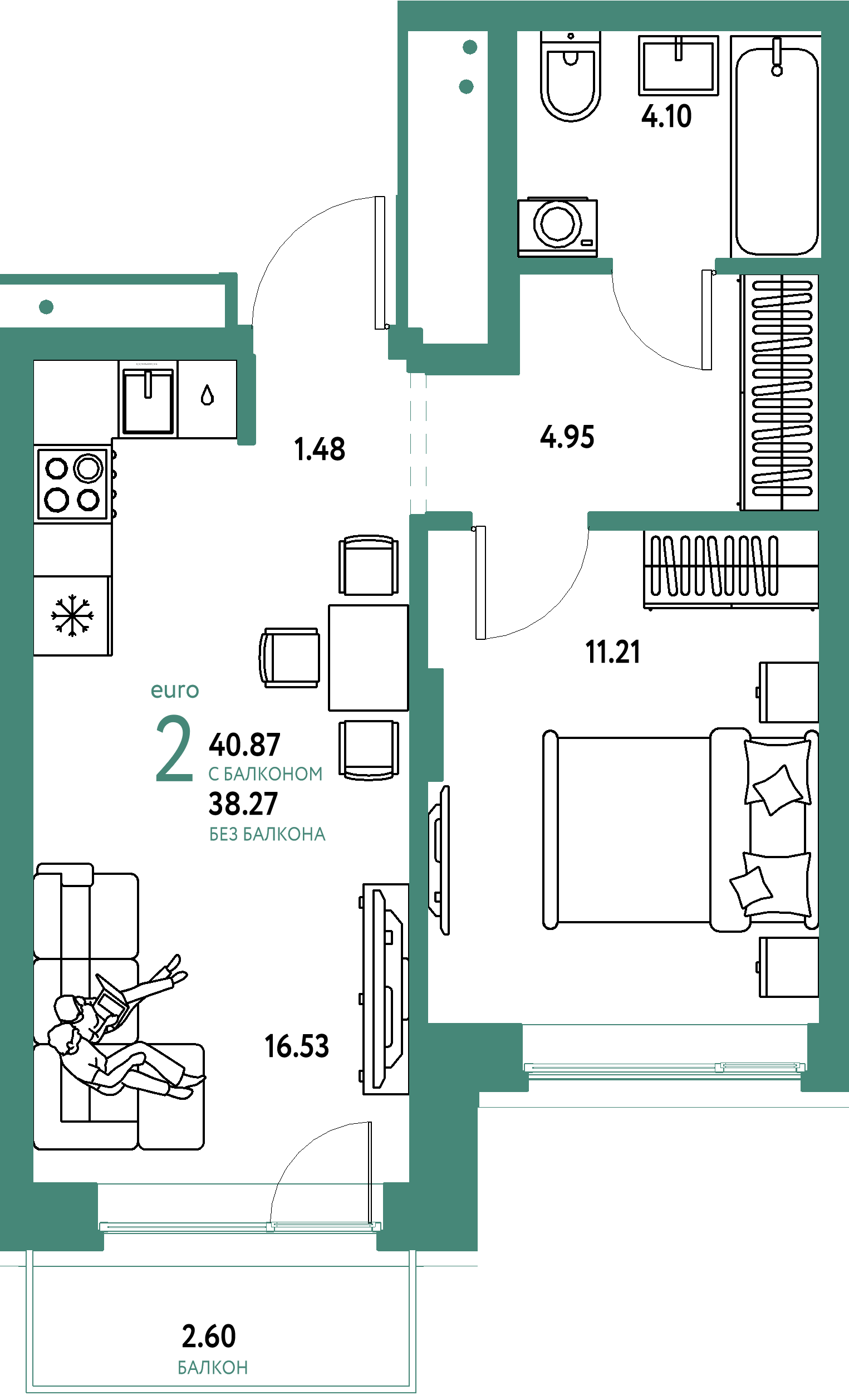 ЖК "Домашний"-2-комнатная 40.87 м²