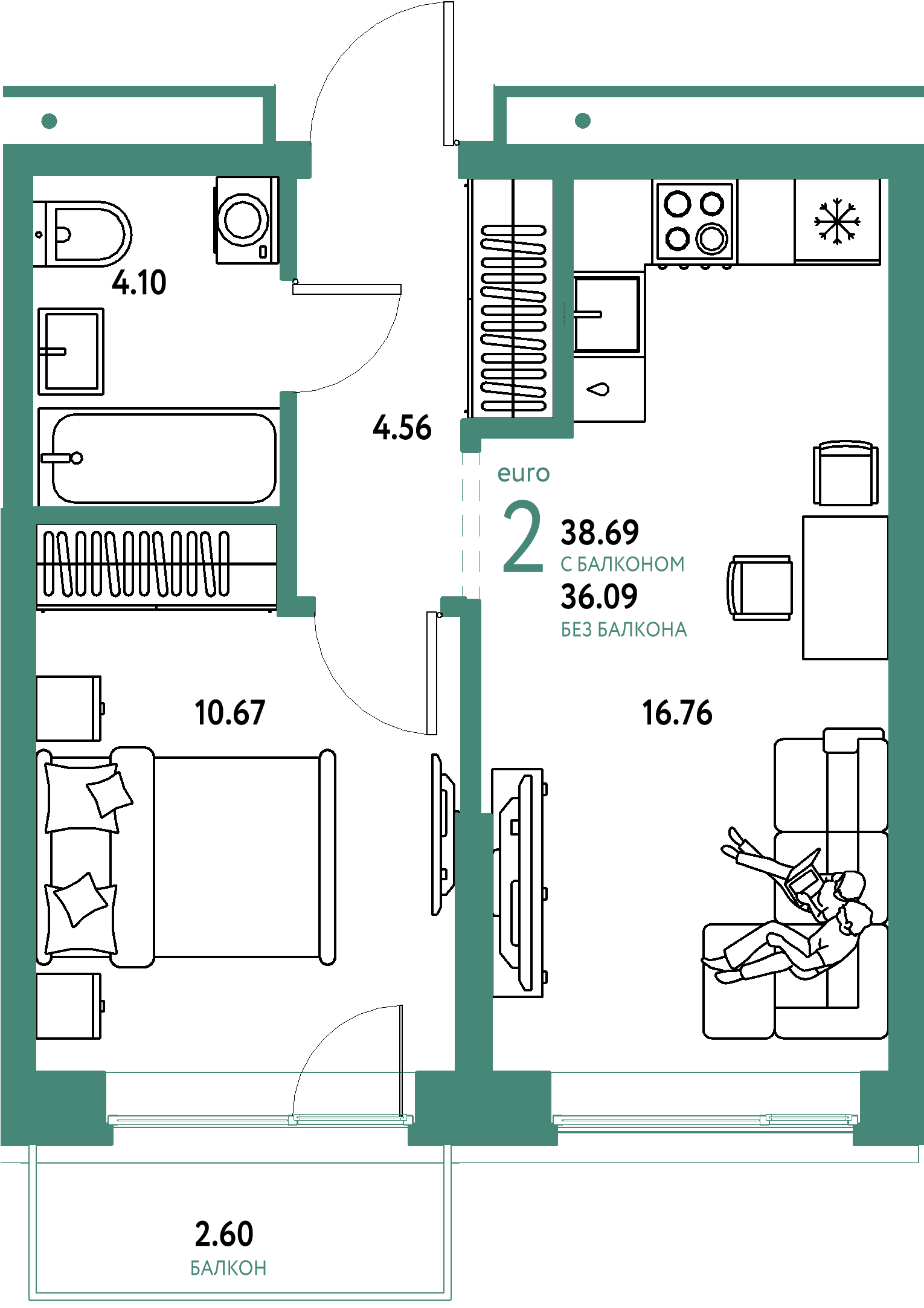 ЖК "Домашний"-2-комнатная 38.69 м²