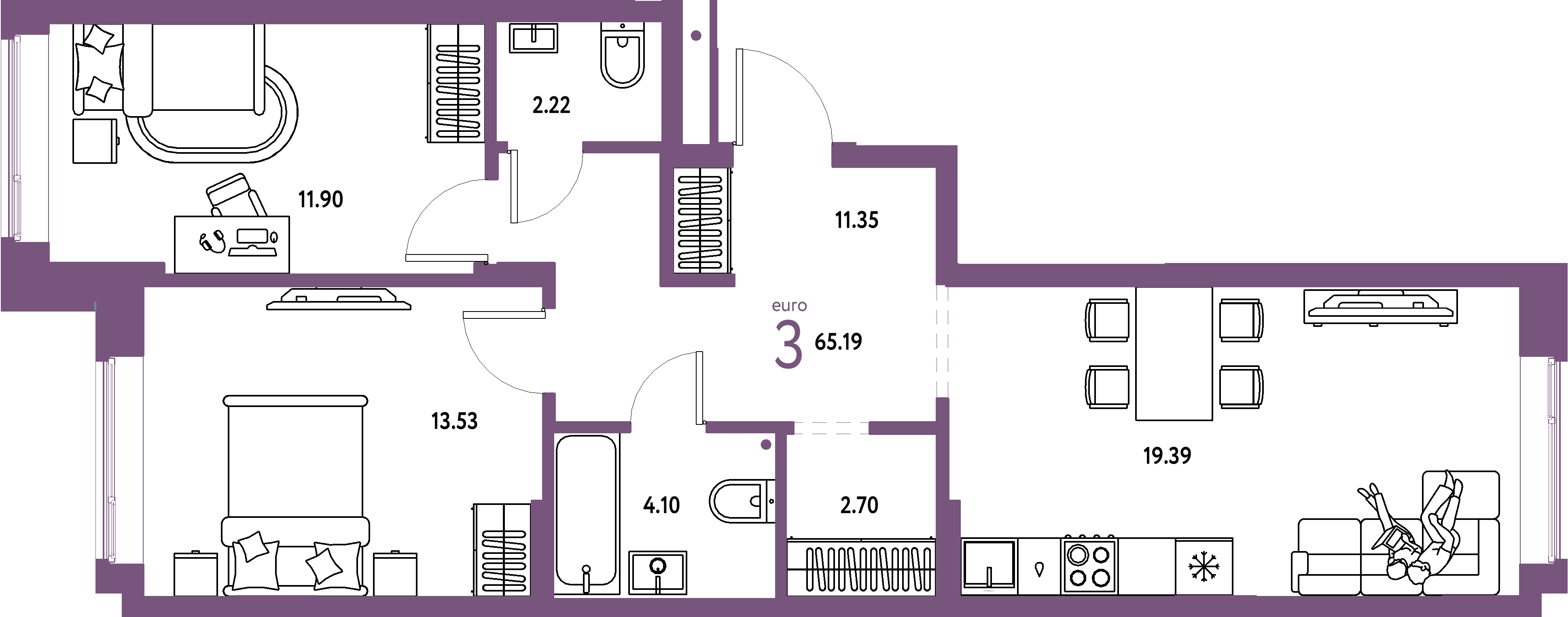 Купить 3-комнатную квартиру 65.19м², этаж №3 кв №74 в ЖК 