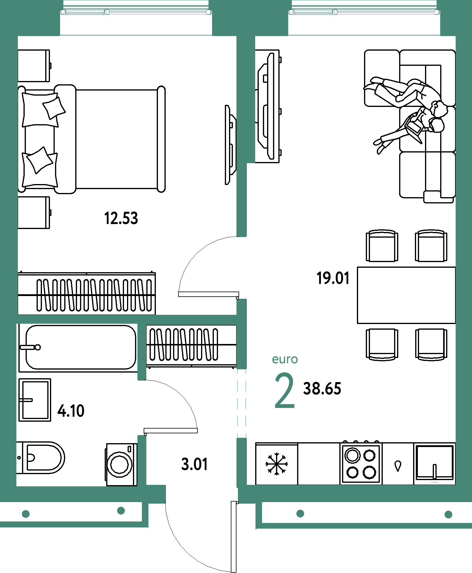 ЖК "Домашний"-2-комнатная 38.65 м²