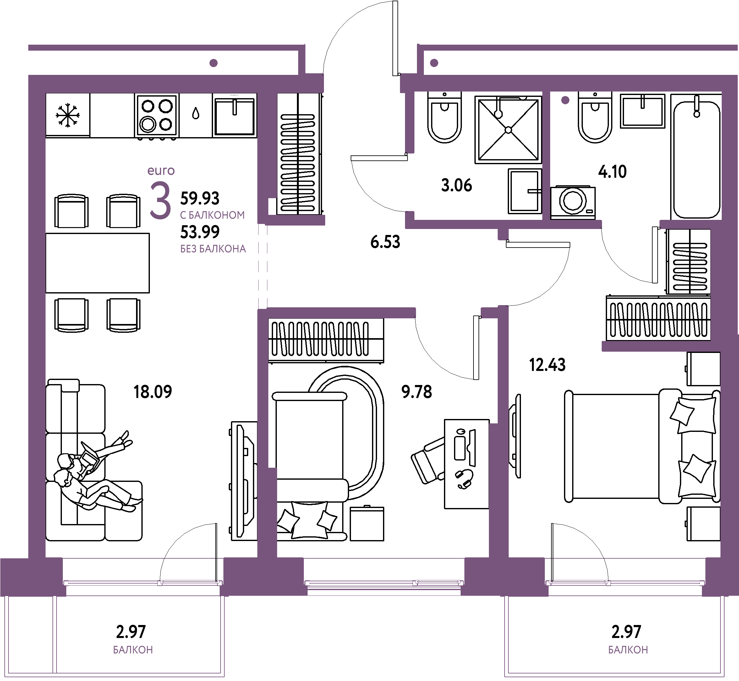 ЖК "Домашний"-3-комнатная 59.93 м²
