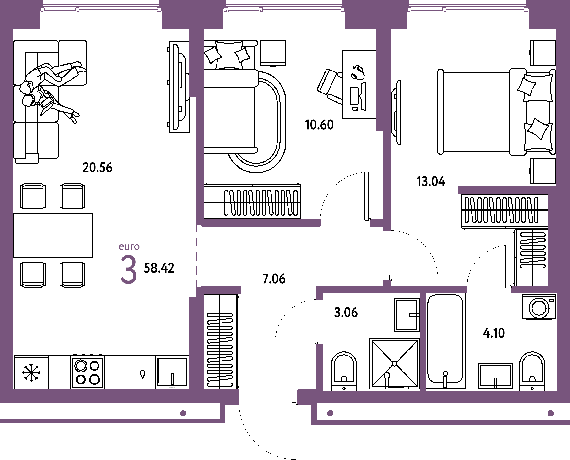 Купить 3-комнатную квартиру 58.42м², этаж №4 кв №90 в ЖК 