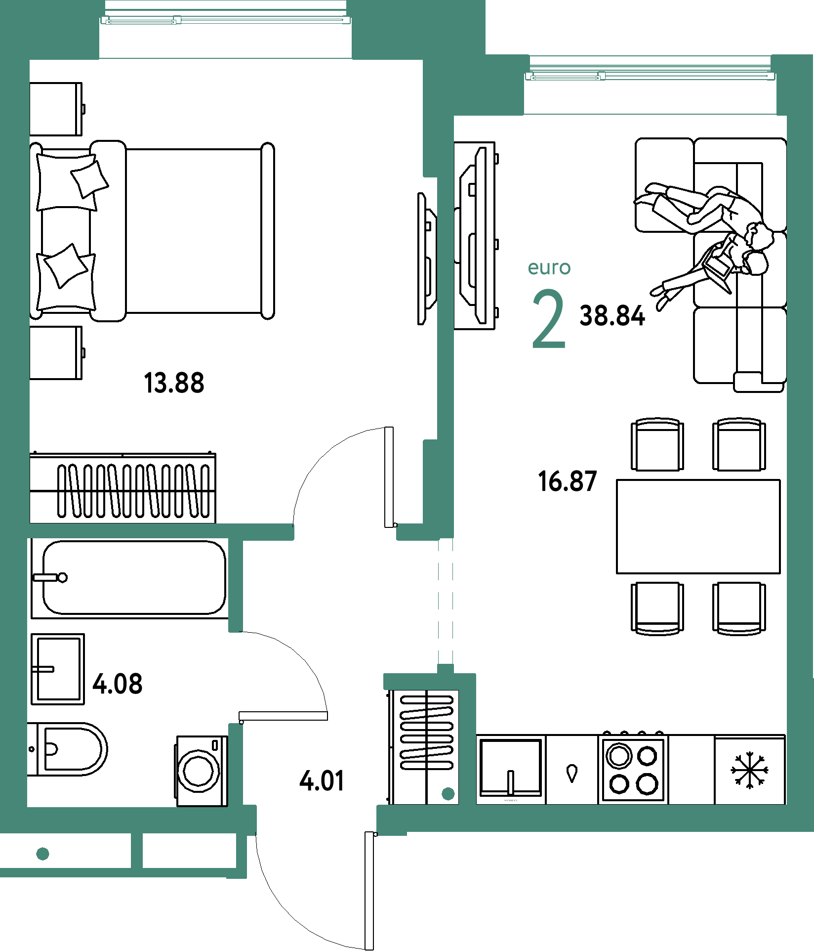 Купить 2-комнатную квартиру 38.84м², этаж №4 кв №94 в ЖК 